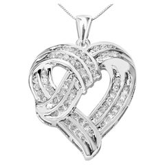 Silver 1 1/4 Carat Round Diamond Openwork Ribbon Weave Heart Pendant Necklace