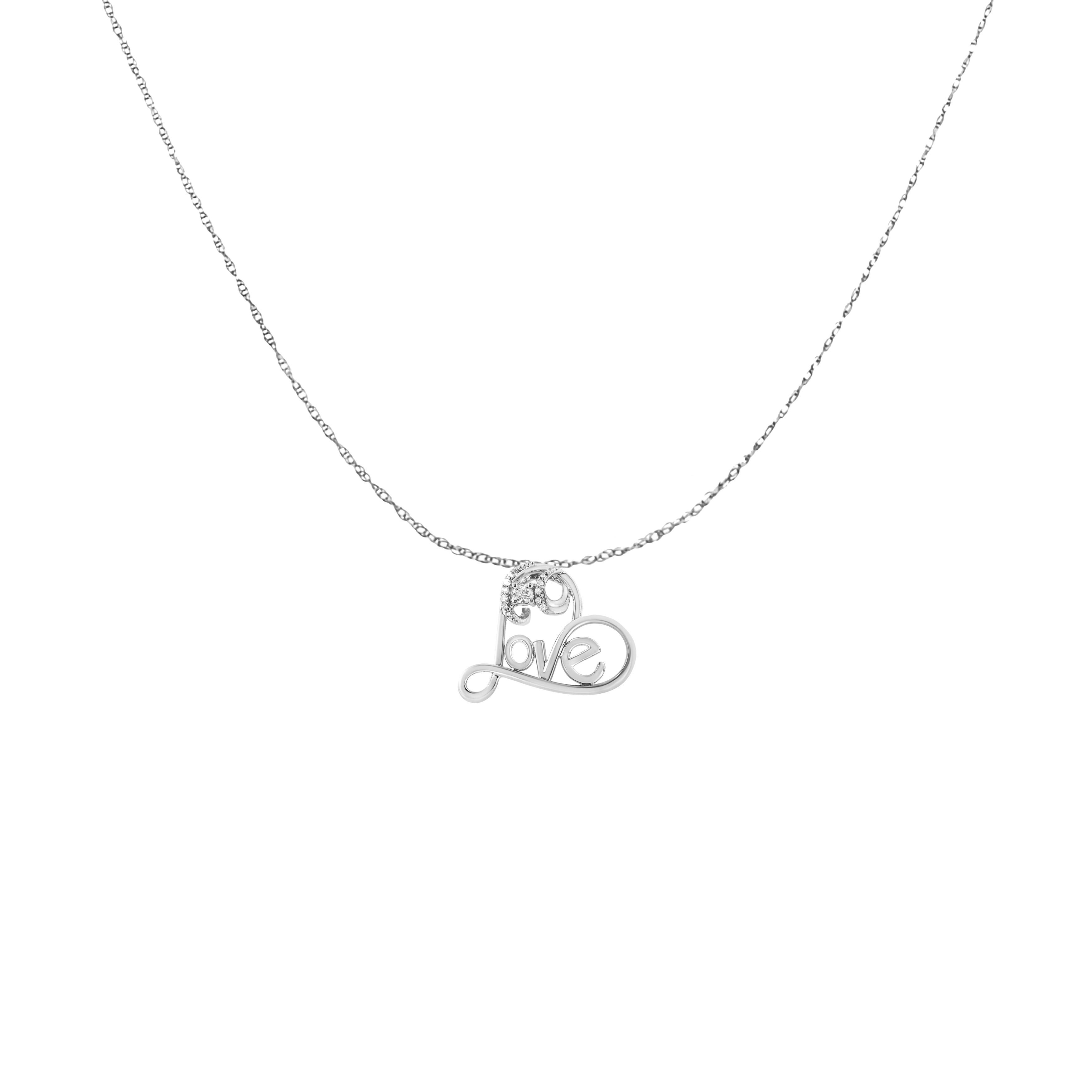 Modern Silver 1/10 Carat Round Diamond Accented Open Heart with Love Pendant Necklace For Sale
