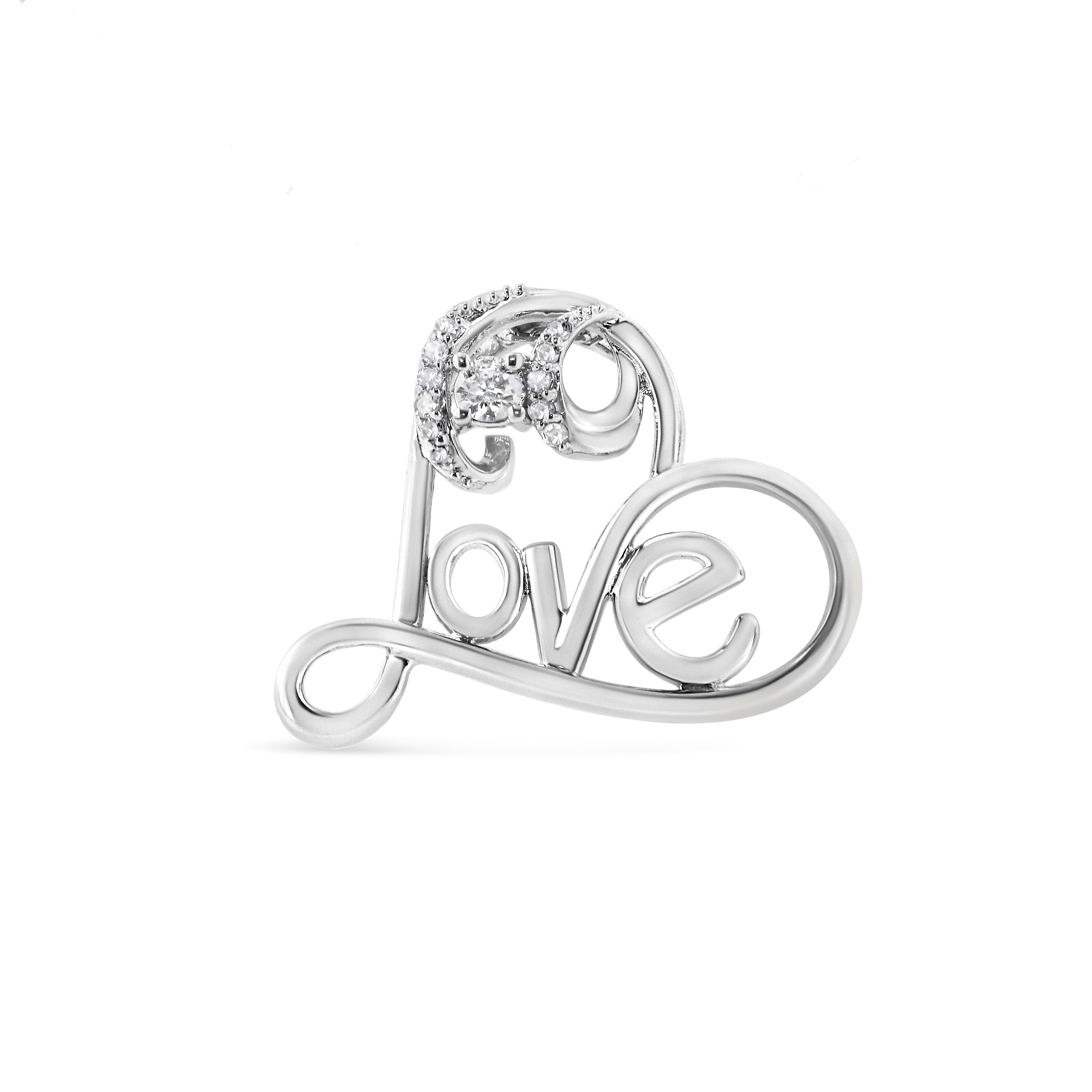 Round Cut Silver 1/10 Carat Round Diamond Accented Open Heart with Love Pendant Necklace For Sale