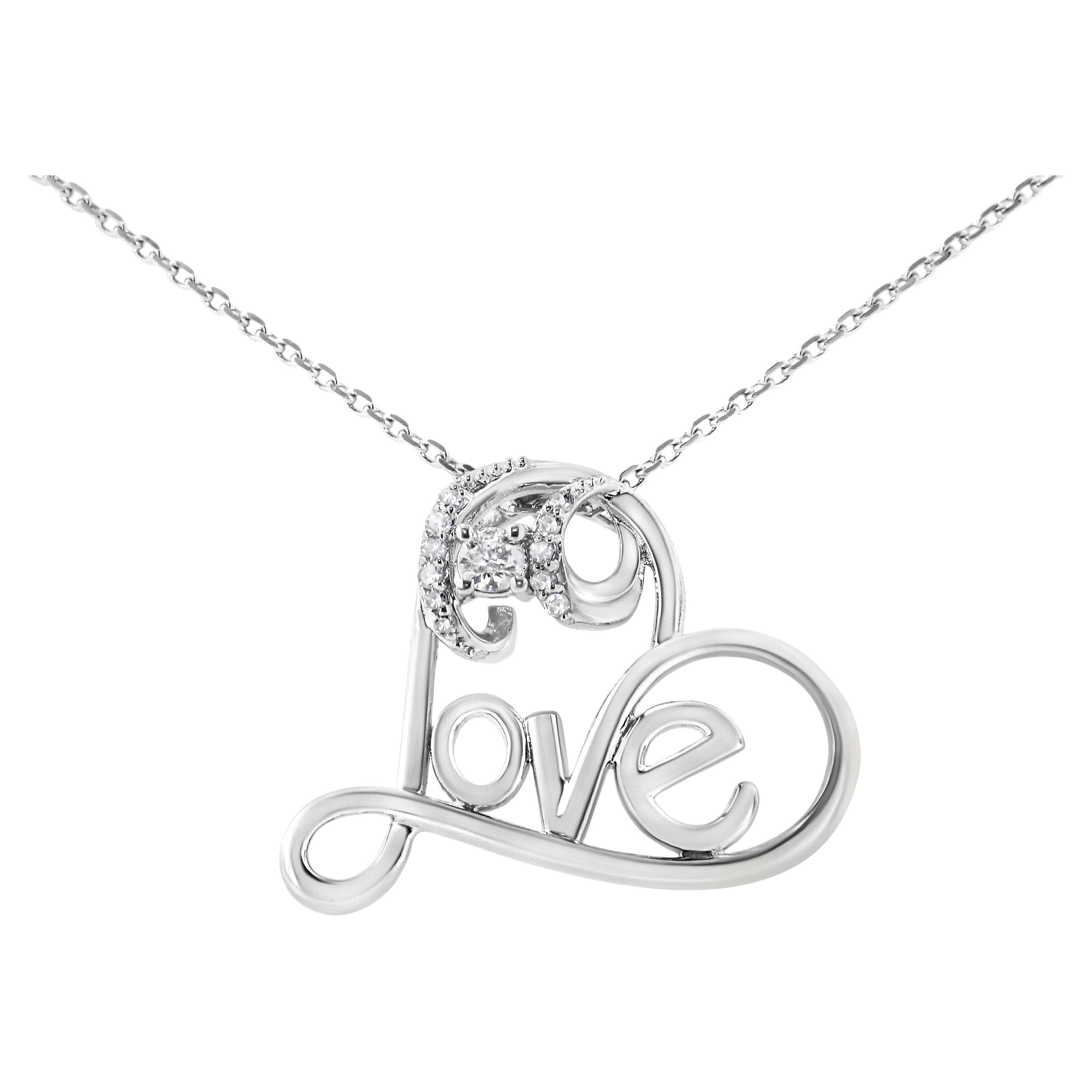 Silver 1/10 Carat Round Diamond Accented Open Heart with Love Pendant Necklace For Sale