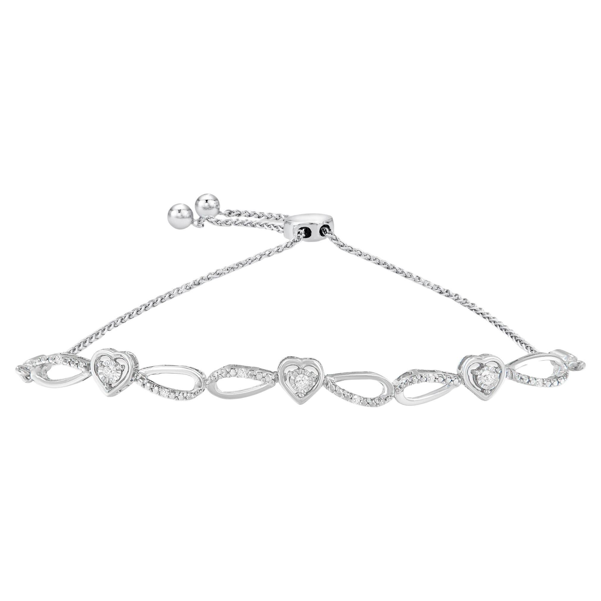 Silver 1/10 Cttw Diamond Triple Heart-in-Infinity Bolo Style Adjustable Bracelet