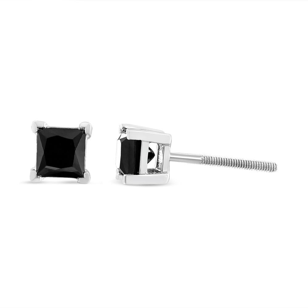 Silver 1/2 Cttw Princess Cut Treated Black Diamond 4-Prong Classic Stud Earrings In New Condition For Sale In New York, NY