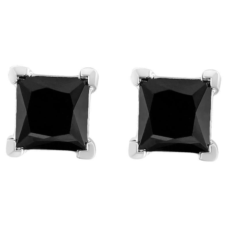 Silver 1/2 Cttw Princess Cut Treated Black Diamond 4-Prong Classic Stud Earrings For Sale