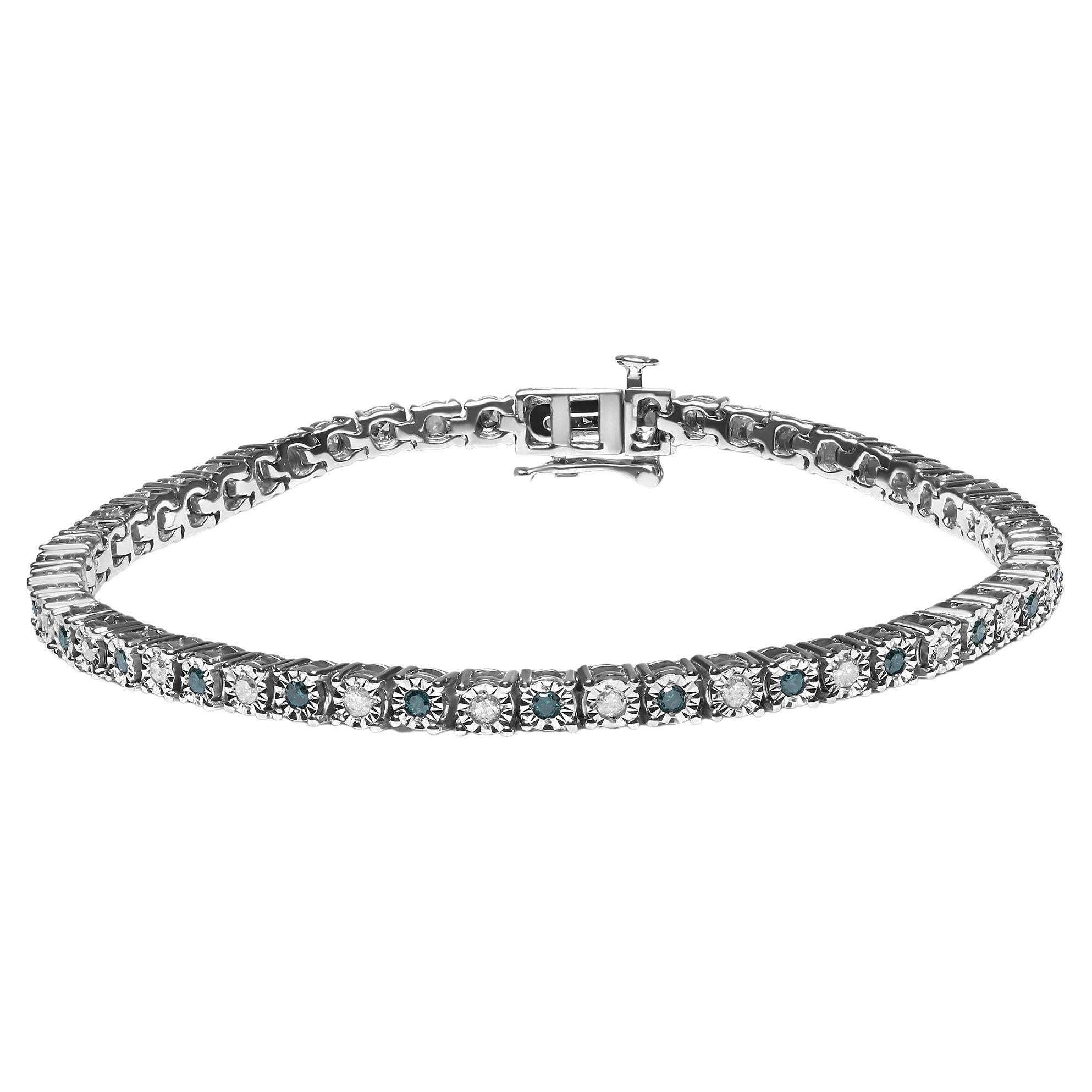 Bracelet tennis en argent avec diamants blancs ronds de 1,0 carat et diamants verts traités