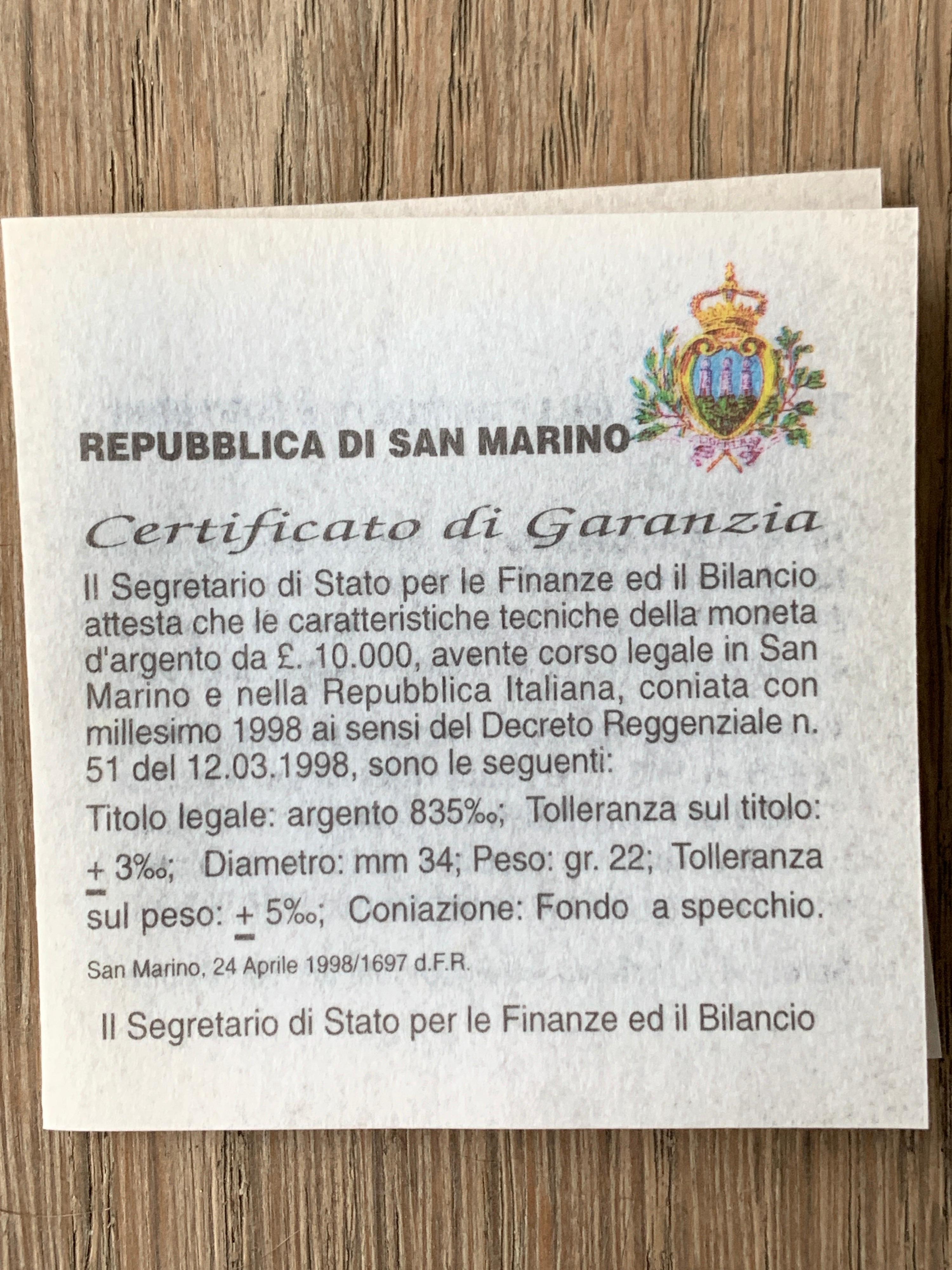 Italian Silver 10000 Lire 1998 Ferrari 50th Anniversary San Marino Coin, Italy