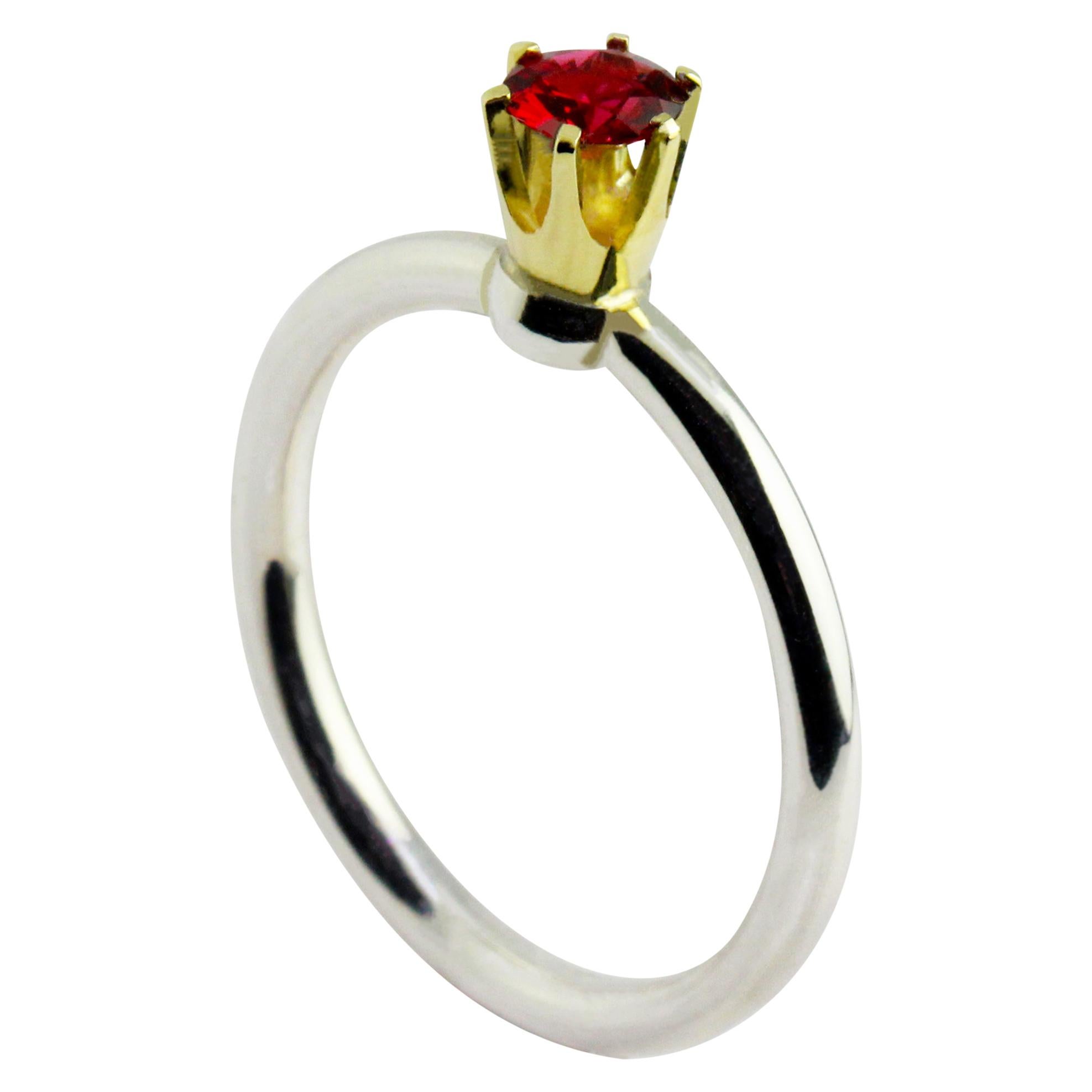 Silver 14 Karat Yellow Gold Red Spinel Crown Ring For Sale