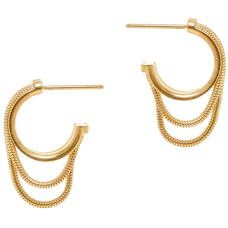 Silver 18 Karat Gold-Plated Snake Chain Mini Double Hoops Minimal Greek Earrings For Sale