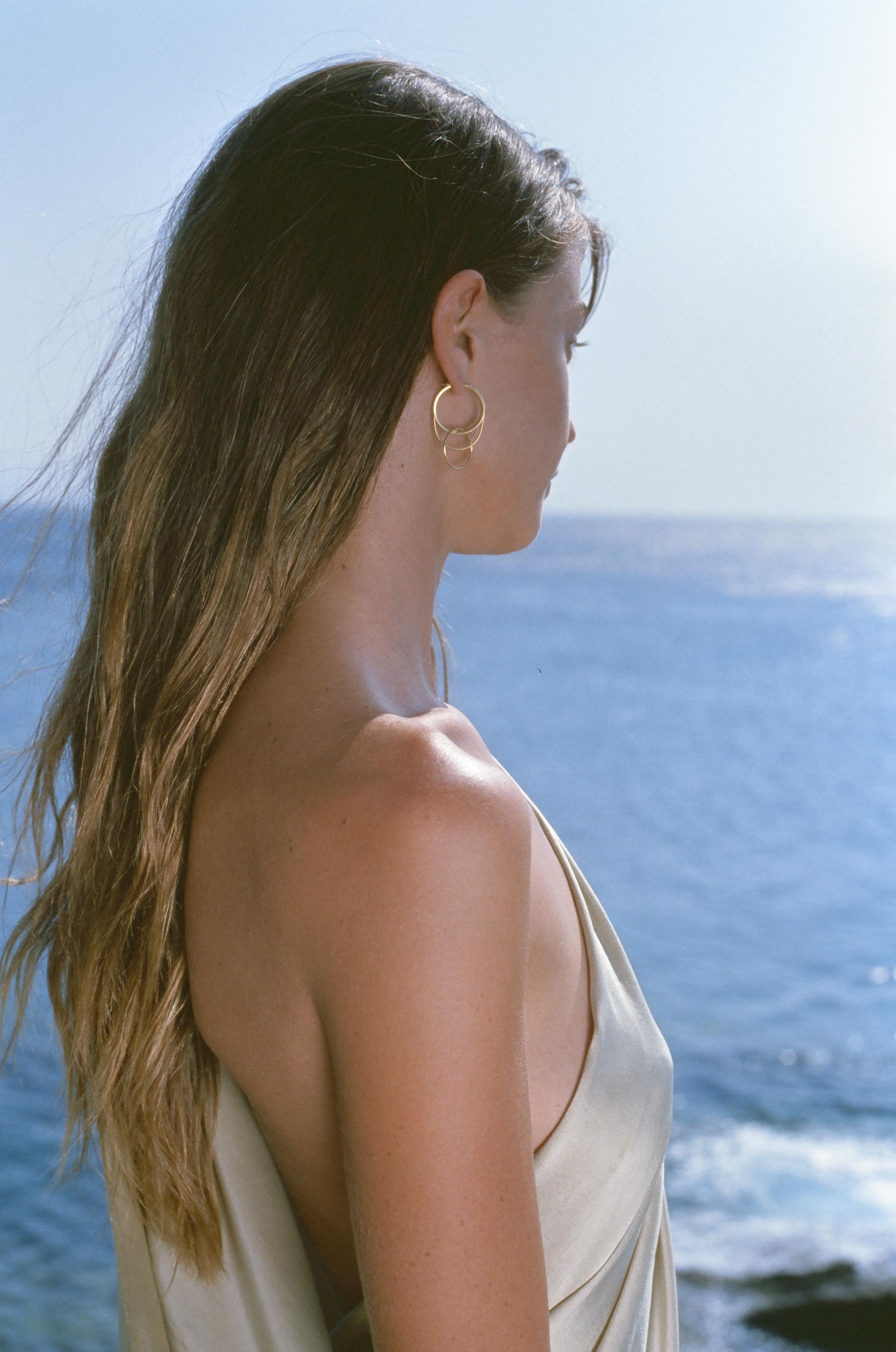 Women's Silver 18 Karat Gold-Plated Snake Chain Three Way Hoops Greek Earrings For Sale