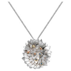 Silver 18k Gold Sapphire Diamond Handcrafted Floral Pendent Necklace