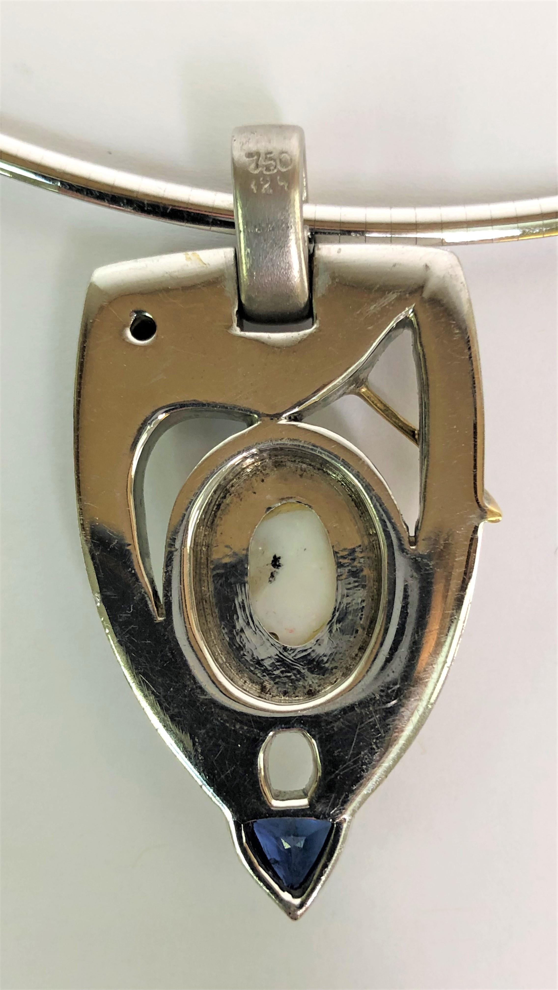 Oval Cut Silver 18KW Opal Diamond Sapphire Pendant on Hikari Omega Necklace For Sale