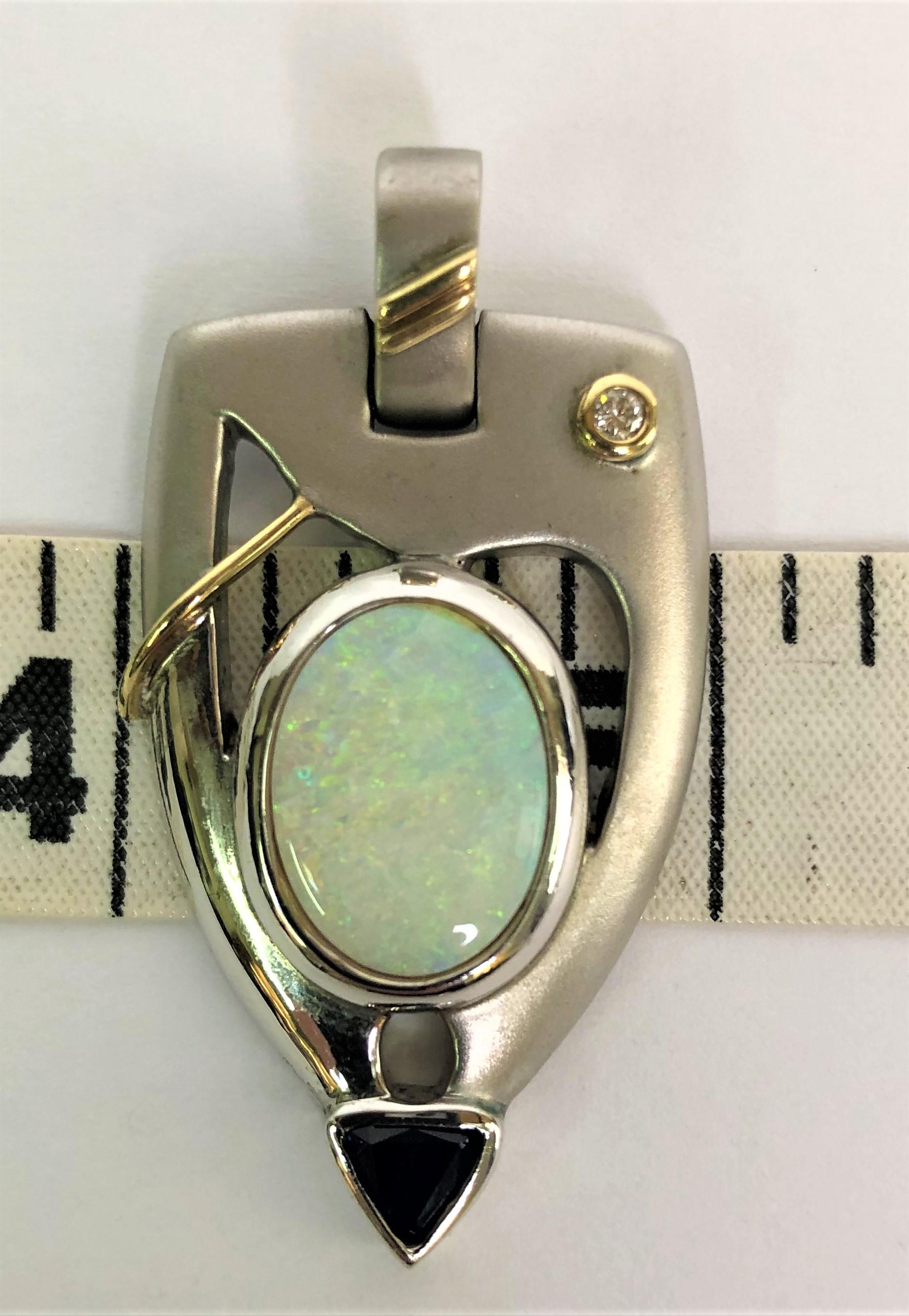 Silver 18KW Opal Diamond Sapphire Pendant on Hikari Omega Necklace In Excellent Condition In Cincinnati, OH