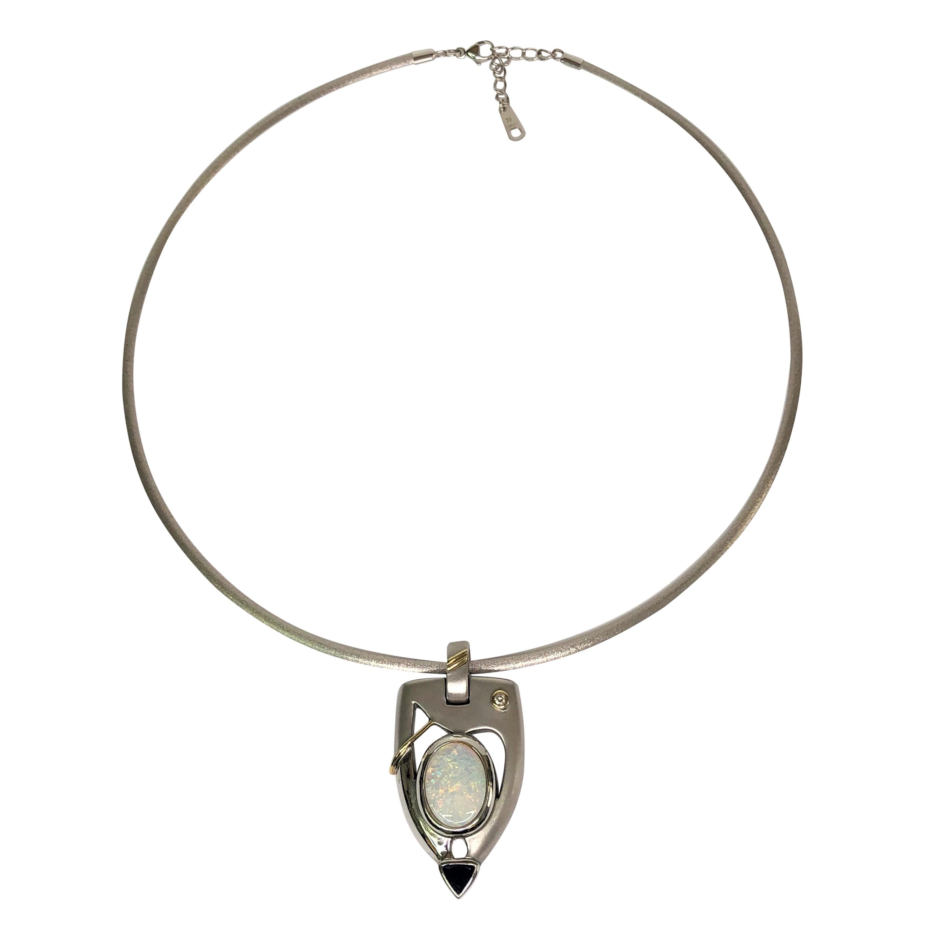 Silver 18KW Opal Diamond Sapphire Pendant on Hikari Omega Necklace For Sale