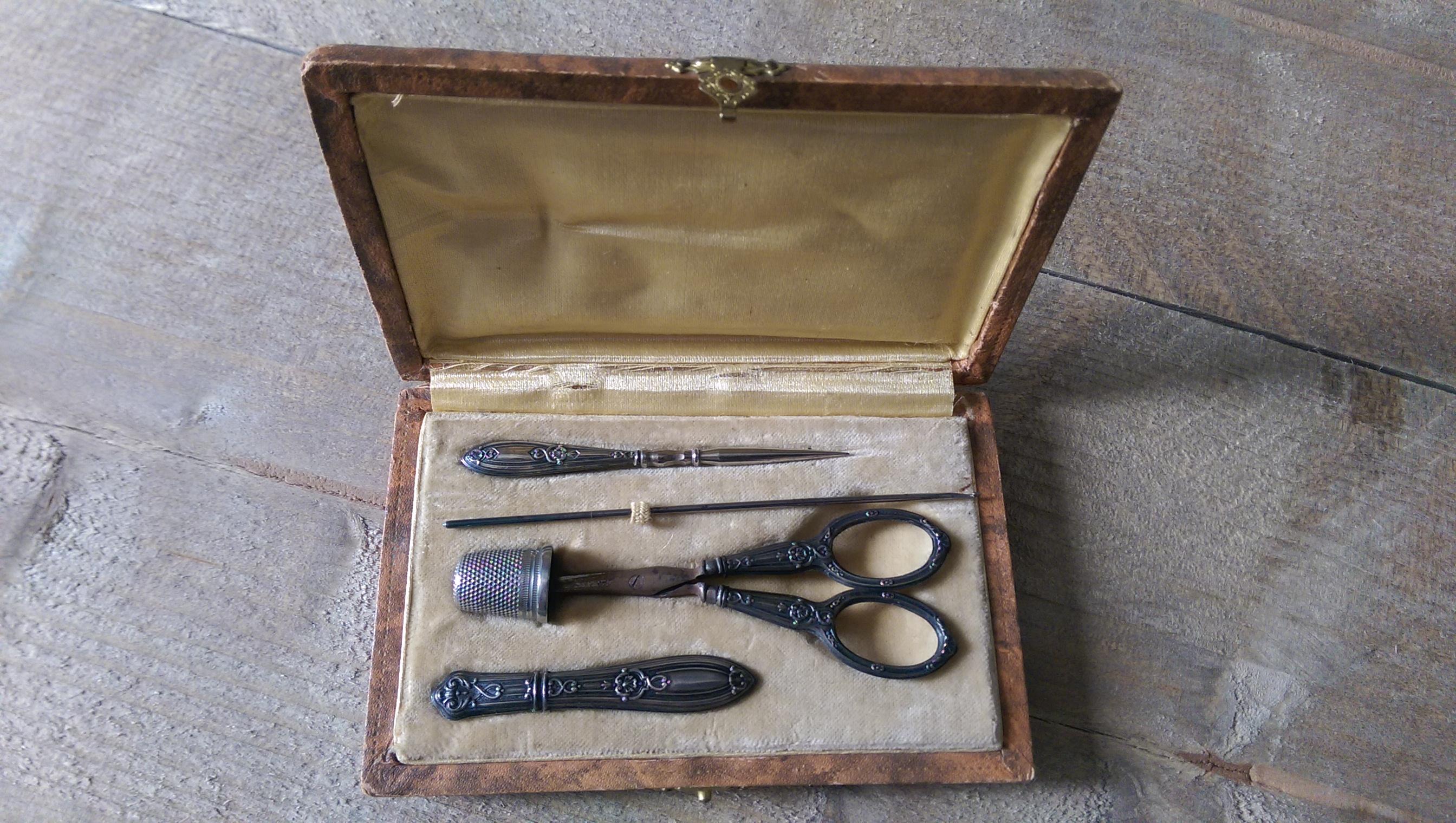 Silver Plate Silver 1914 Sewing Kit For Sale