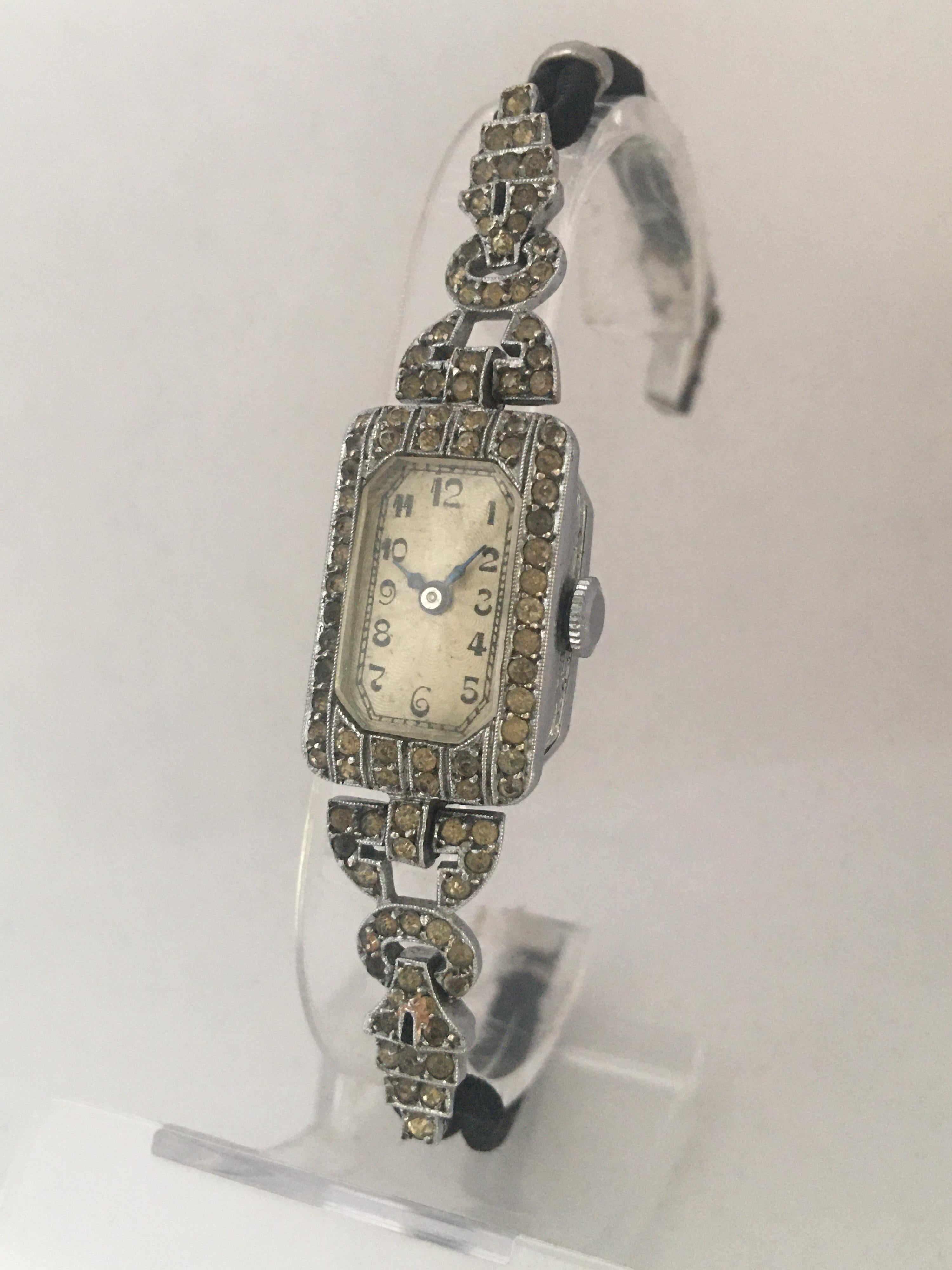 This beautiful vintage hand winding ladies cocktail watch is in good working condition and it is ticking well. It has recently been serviced and runs well. Visible signs of ageing and wear with tiny and light scratches on the glass and on the watch