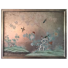 Vintage Silver 1930s Chinoiserie Wallpaper Remnant Newly Framed