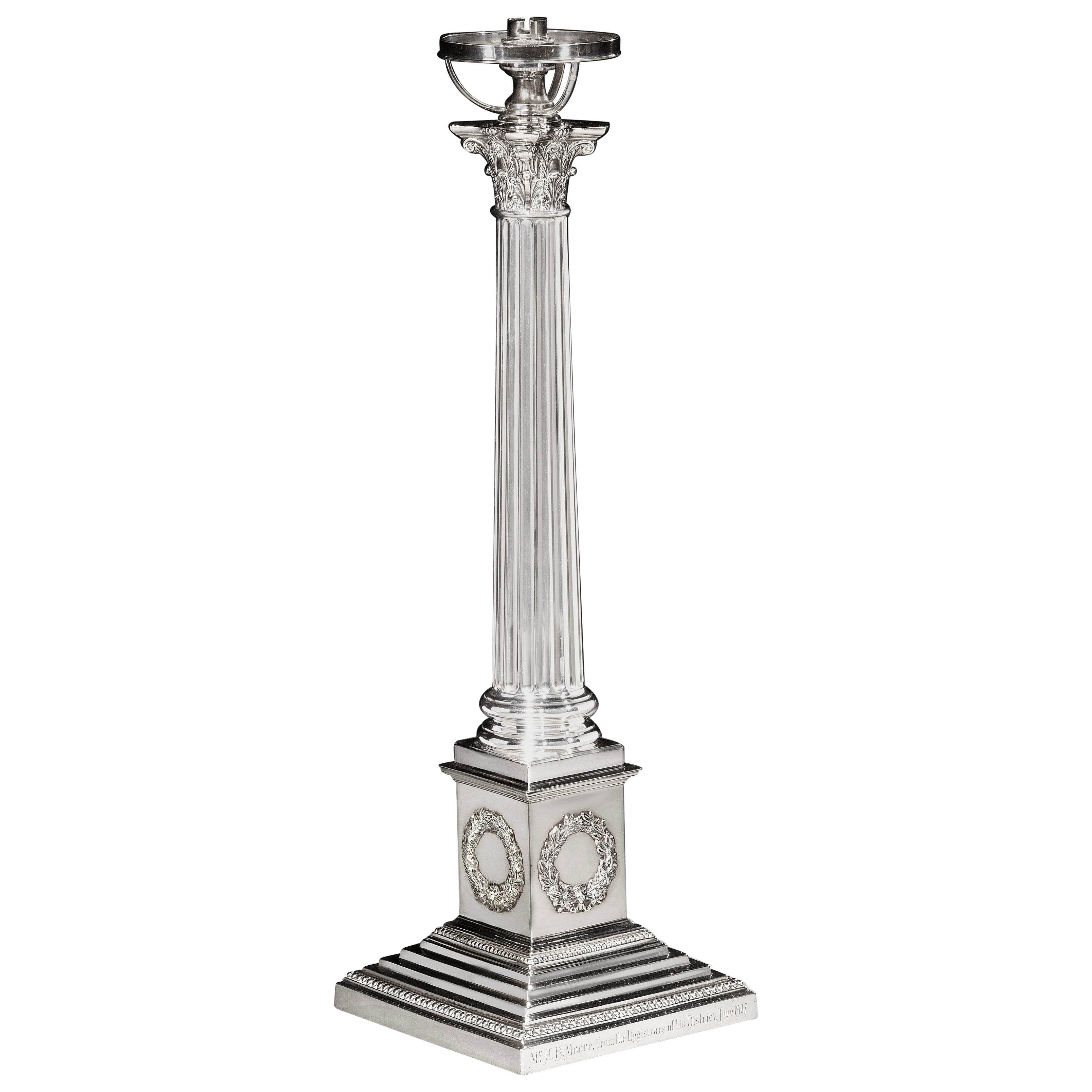 Silver 19th Century Antique Column Lamp, Hallmarked 1899