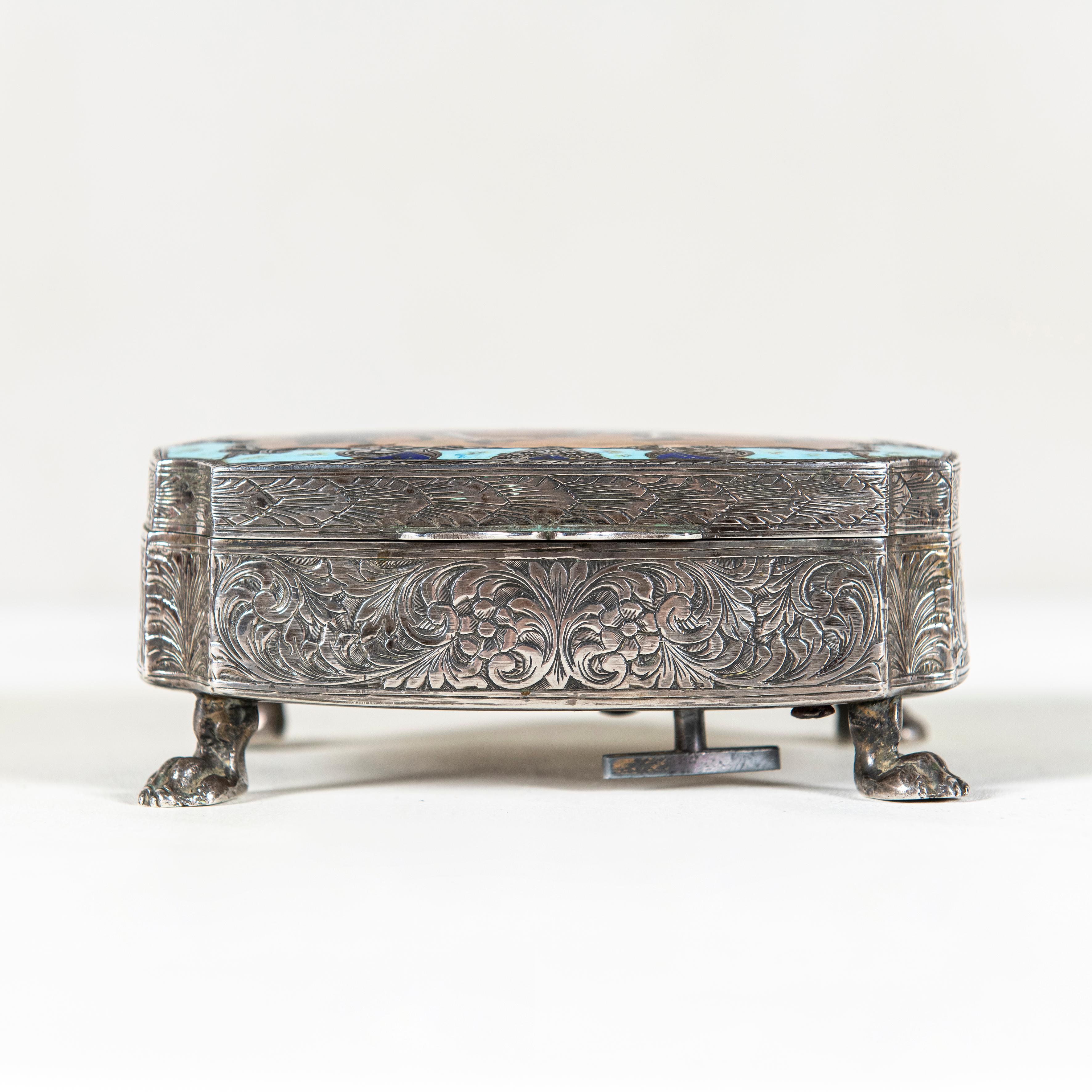 Neoclassical Silver 800 and Enamel Music Box Signed Fallaci Firenze, Italy, circa 1930 For Sale