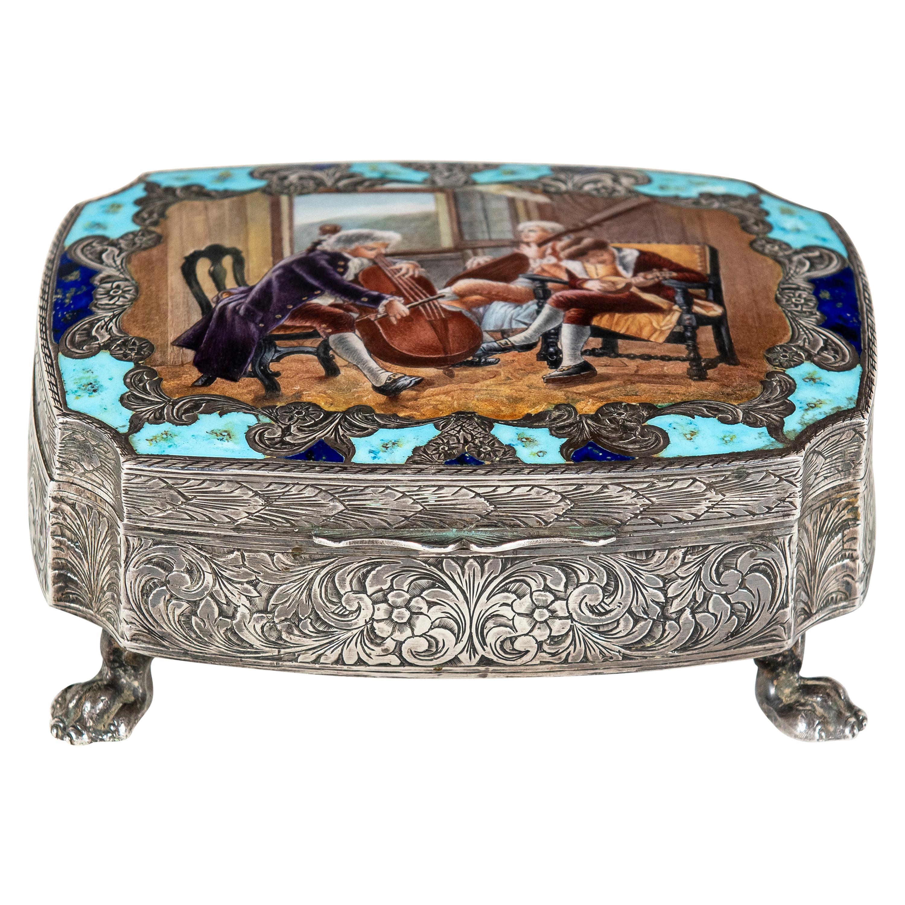 Silver 800 and Enamel Music Box Signed Fallaci Firenze, Italy, circa 1930 For Sale