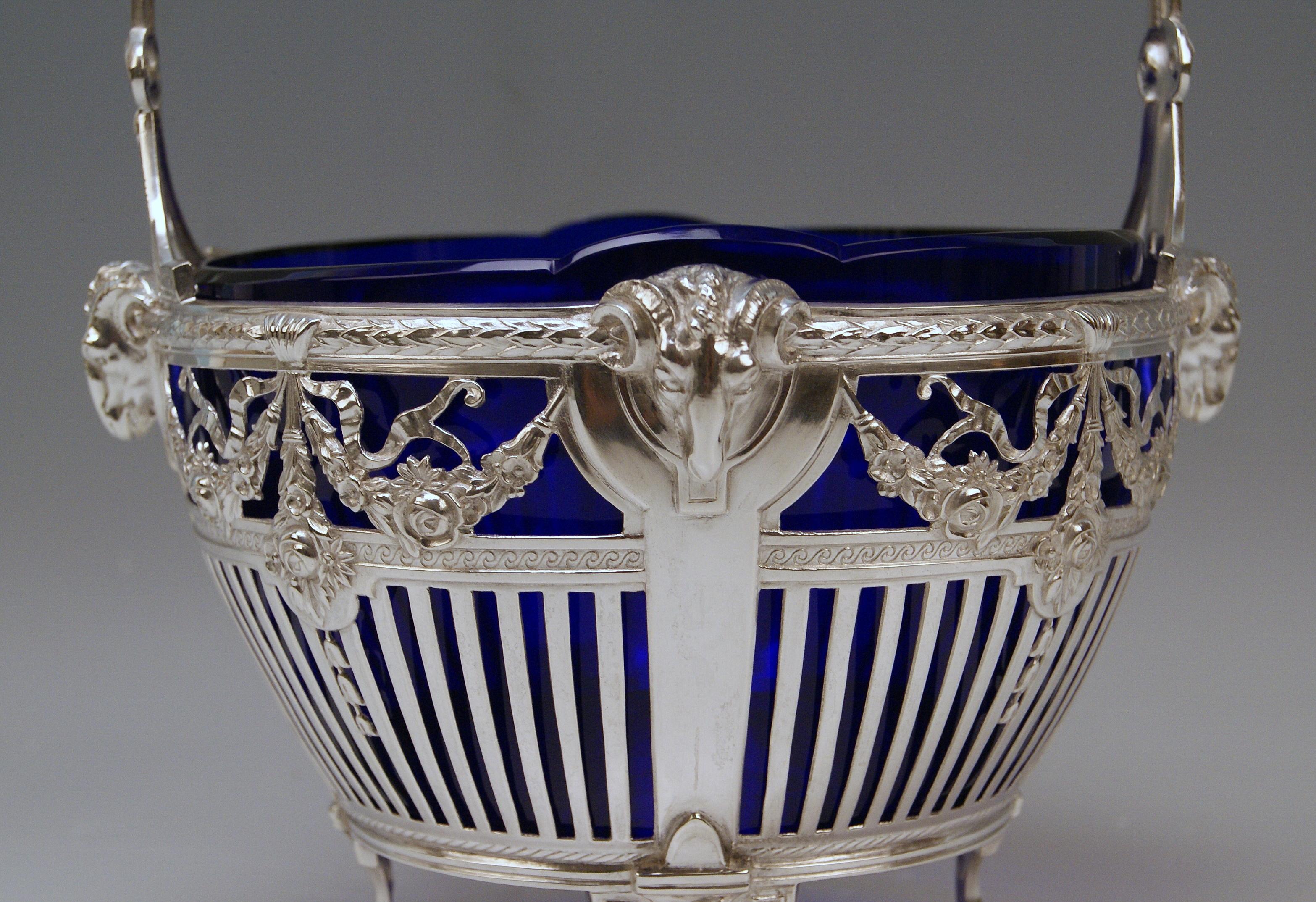 Silver 800 Art Nouveau Basket Original Blue Glass Liner Bremen, Germany In Excellent Condition For Sale In Vienna, AT