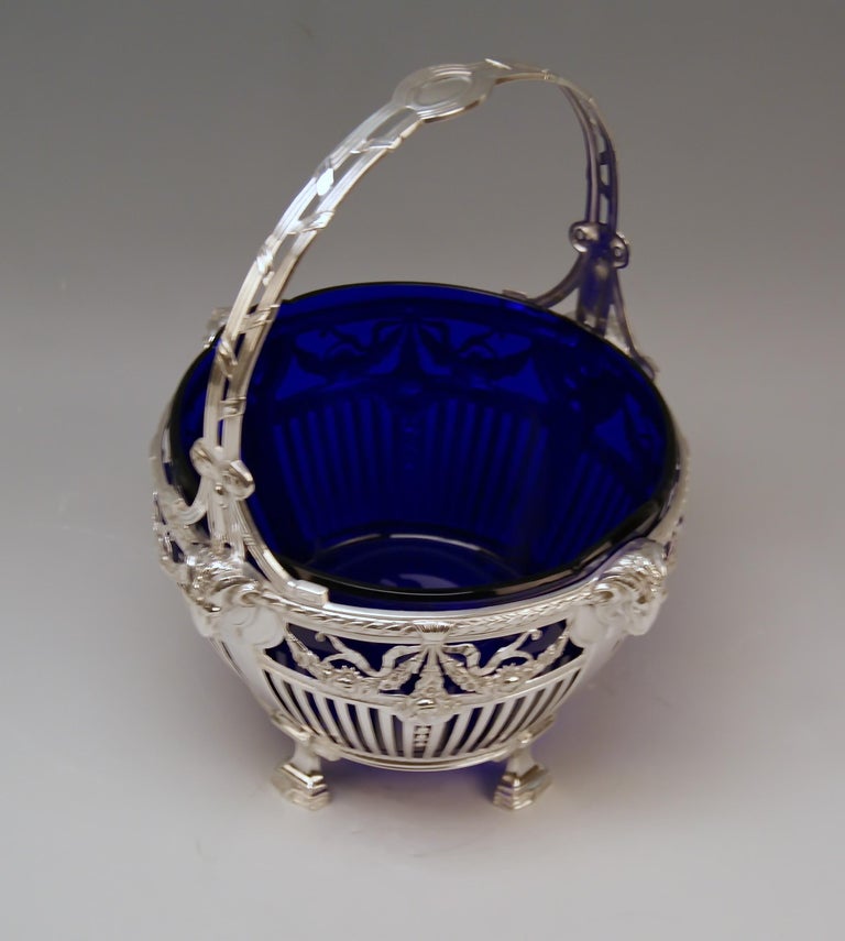 Silver 800 Art Nouveau Basket Original Blue Glass Liner Bremen, Germany For Sale 1