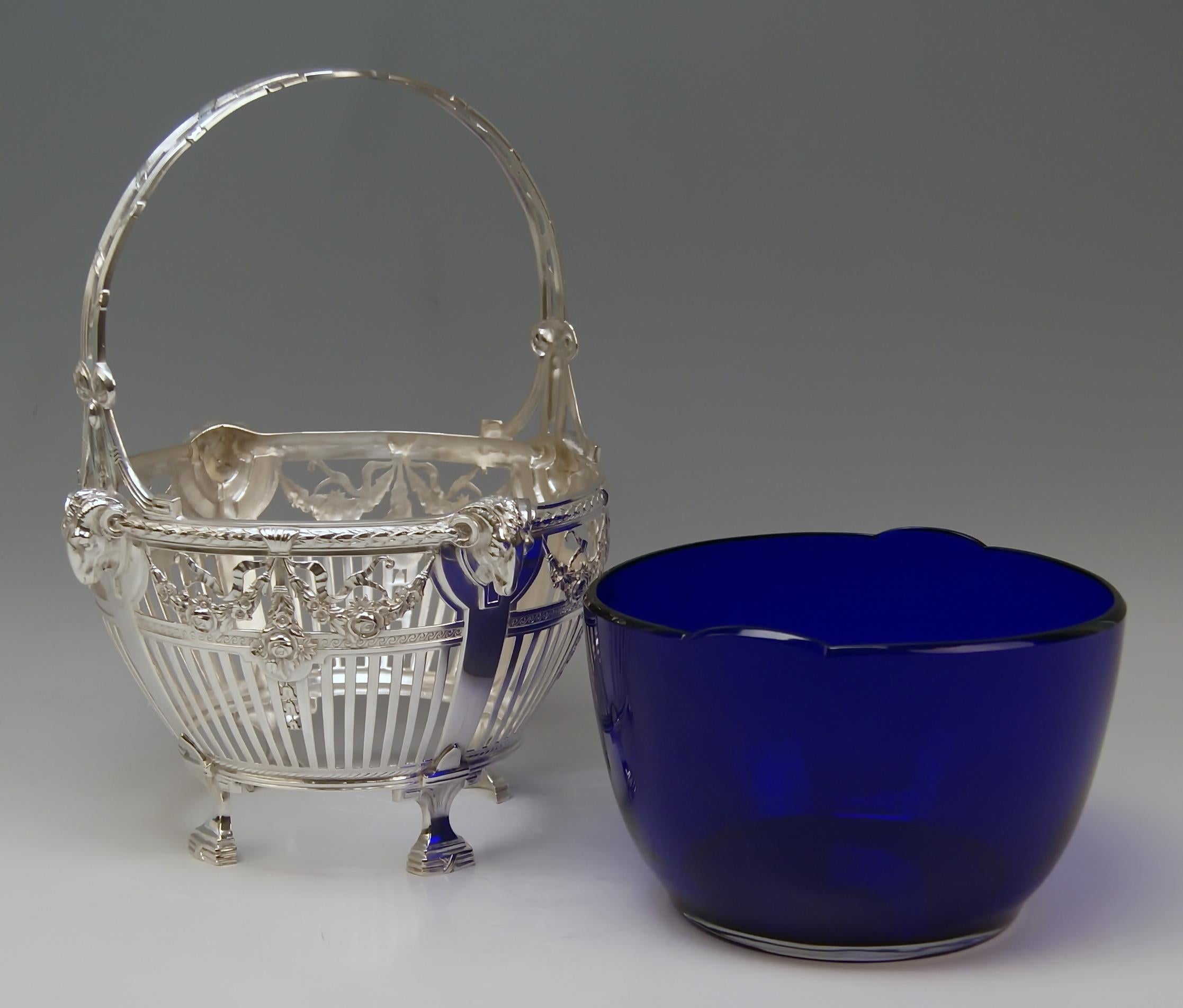 Silver 800 Art Nouveau Basket Original Blue Glass Liner Bremen, Germany For Sale 1
