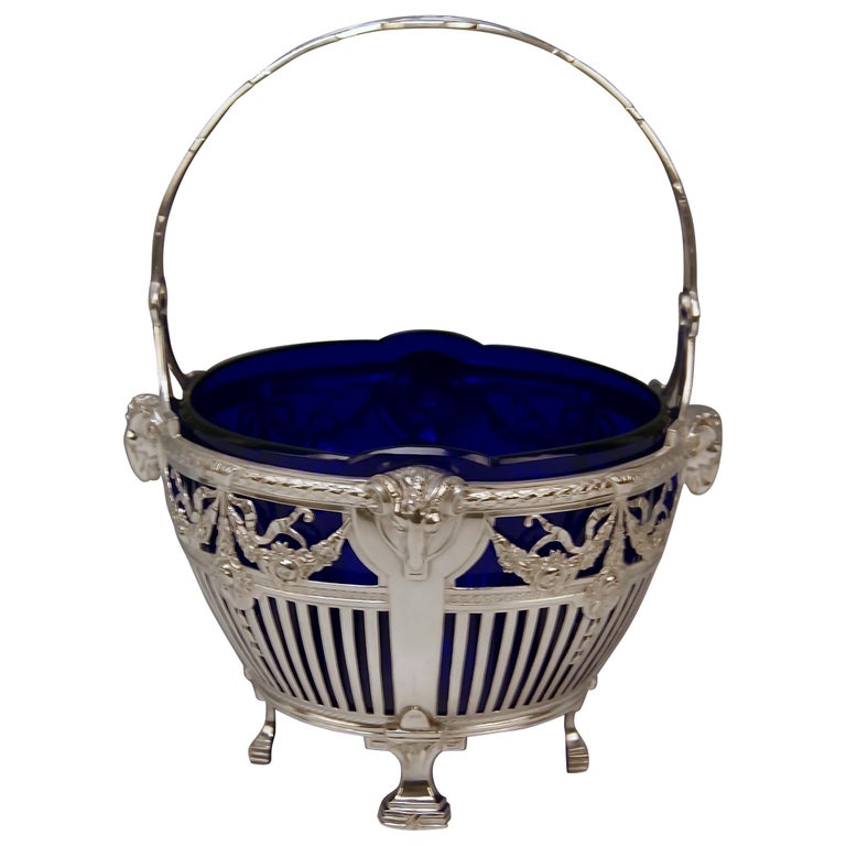 Silver 800 Art Nouveau Basket Original Blue Glass Liner Bremen, Germany For Sale