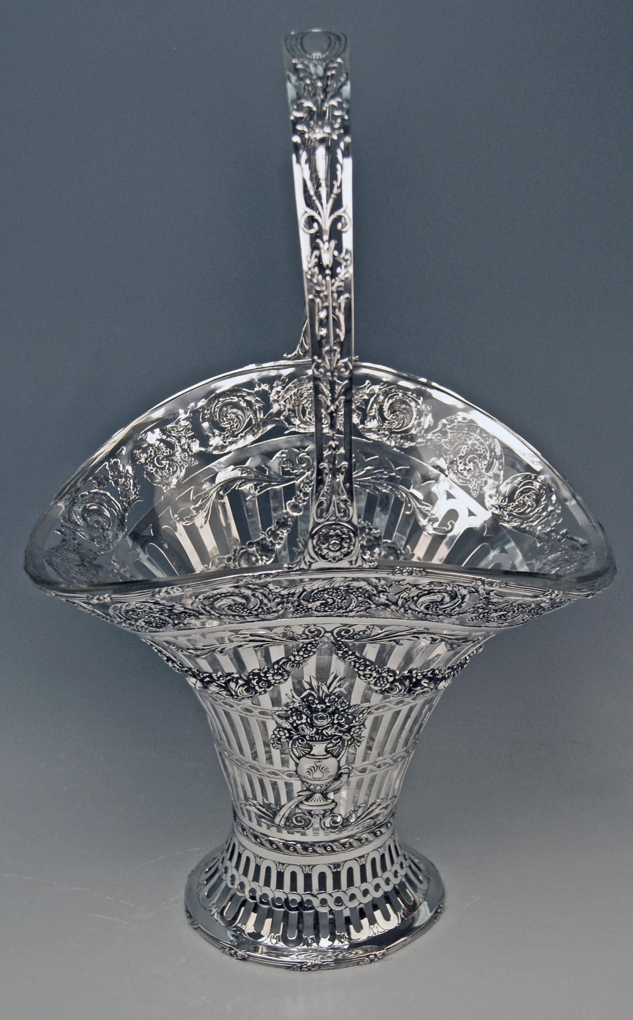 Early 20th Century  Silver 800 Art Nouveau Basket Glass Liner Germany Hanau, height: 22.44 inches