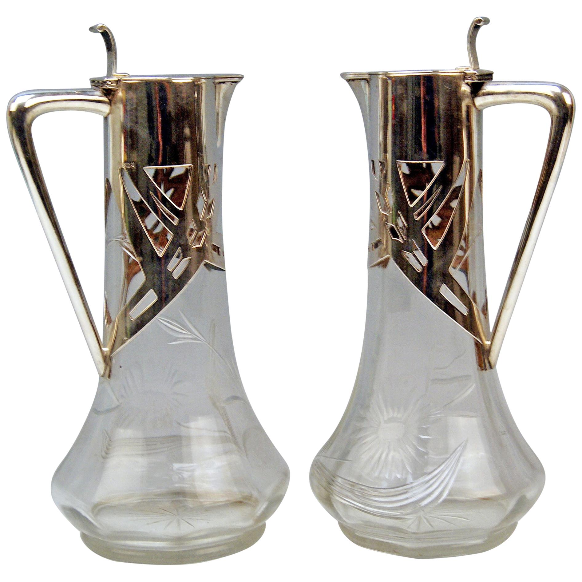 Silver 800 Art Nouveau Pair of Glass Decanters Deyhle Brothers, Germany, 1900