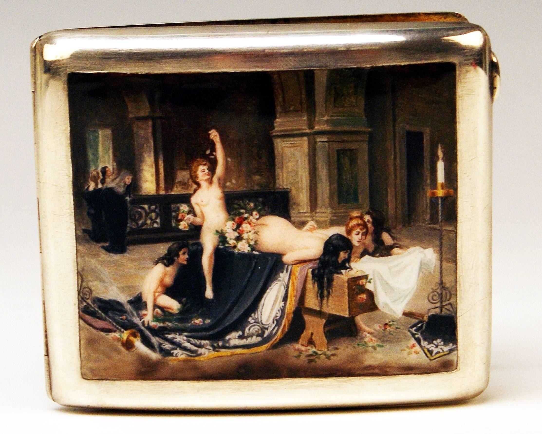 VERY INTERESTING SILVER 800 CIGARETTE BOX / CASE WITH ENAMEL PAINTING COVERING LID:
LADIES IN CHURCH

The lid is decorated with a rare enamel picture - following scene is painted there:
Five lady nudes being situated in a church are watched by three