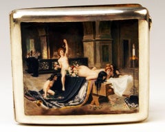 Silver 800 Erotica Cigarette Case Enamel Painting Lady Nudes in Church