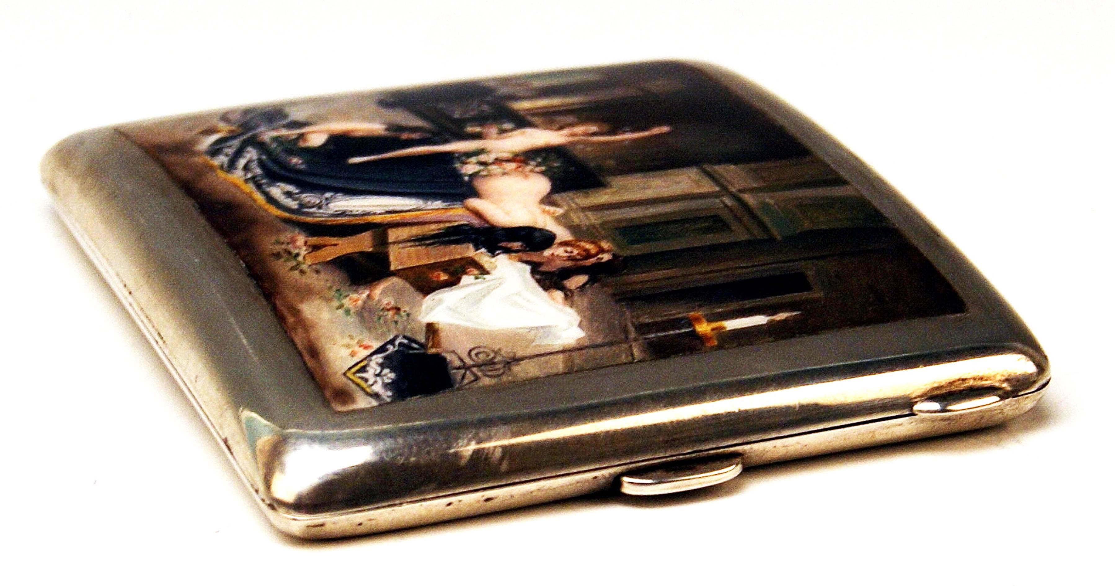 Silver 800 Erotica Cigarette Case Enamel Painting Lady Nudes in Church In Excellent Condition In Vienna, AT