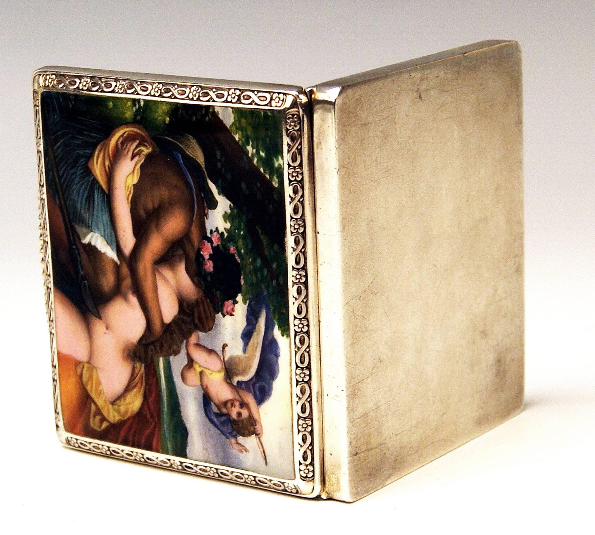 VERY INTERESTING SILVER 800 CIGARETTE BOX / CASE WITH ENAMEL PAINTING COVERING LID:
LOVING COUPLE

The lid is decorated with beautiful enamel picture - following scene is painted there:
A loving couple kisses each other in passionate manner: