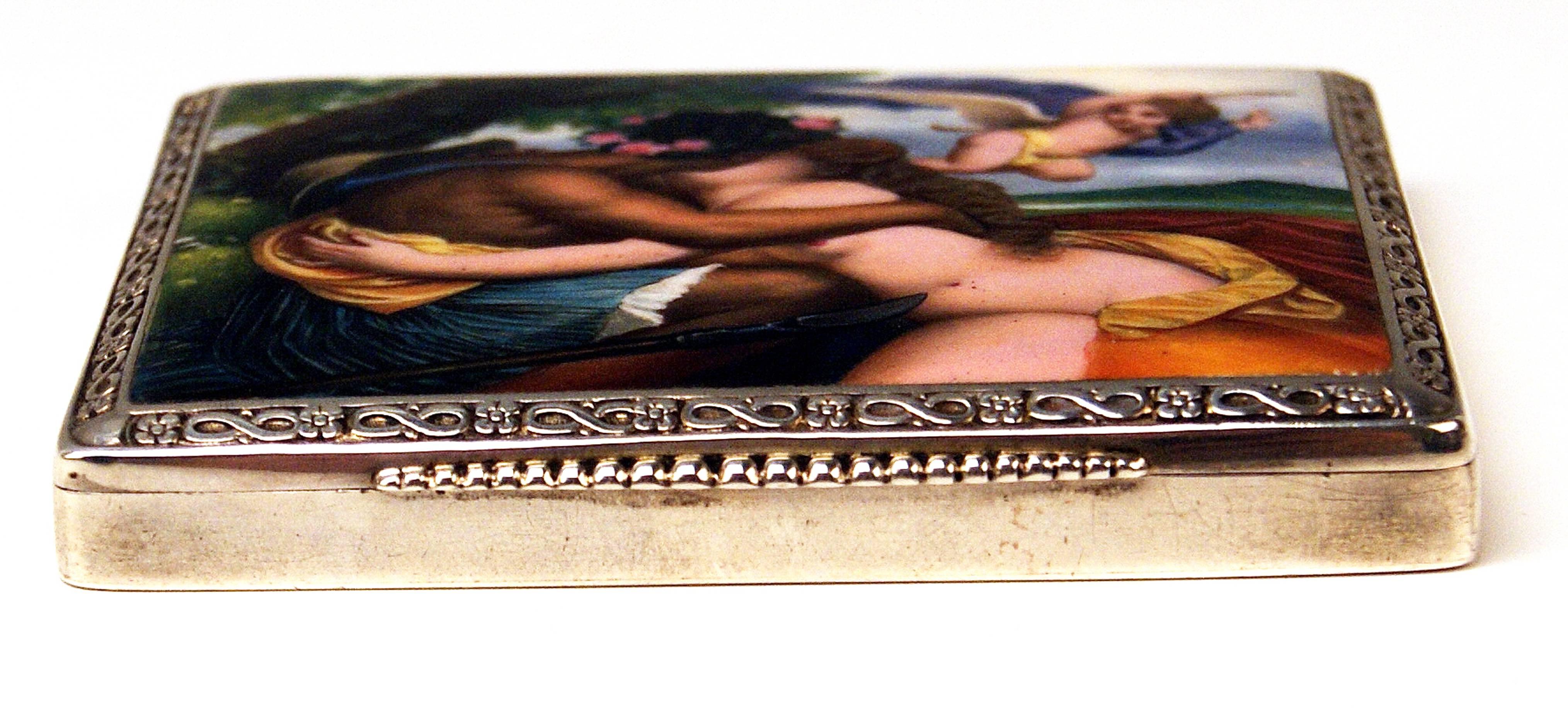 Silver 800 Erotica Cigarette Case Enamel Painting Loving Couple, circa 1890 1