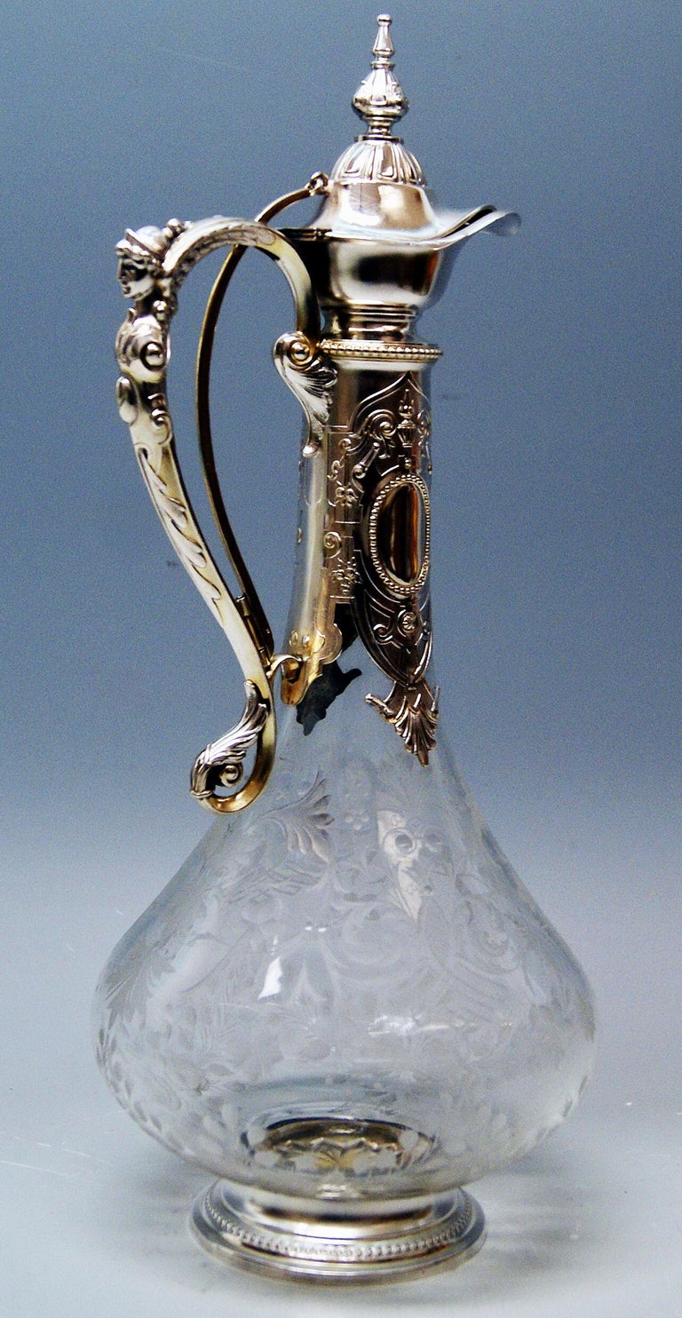 Silver 800 Historicism Glass Decanter Wine Carafe, Austria Made circa