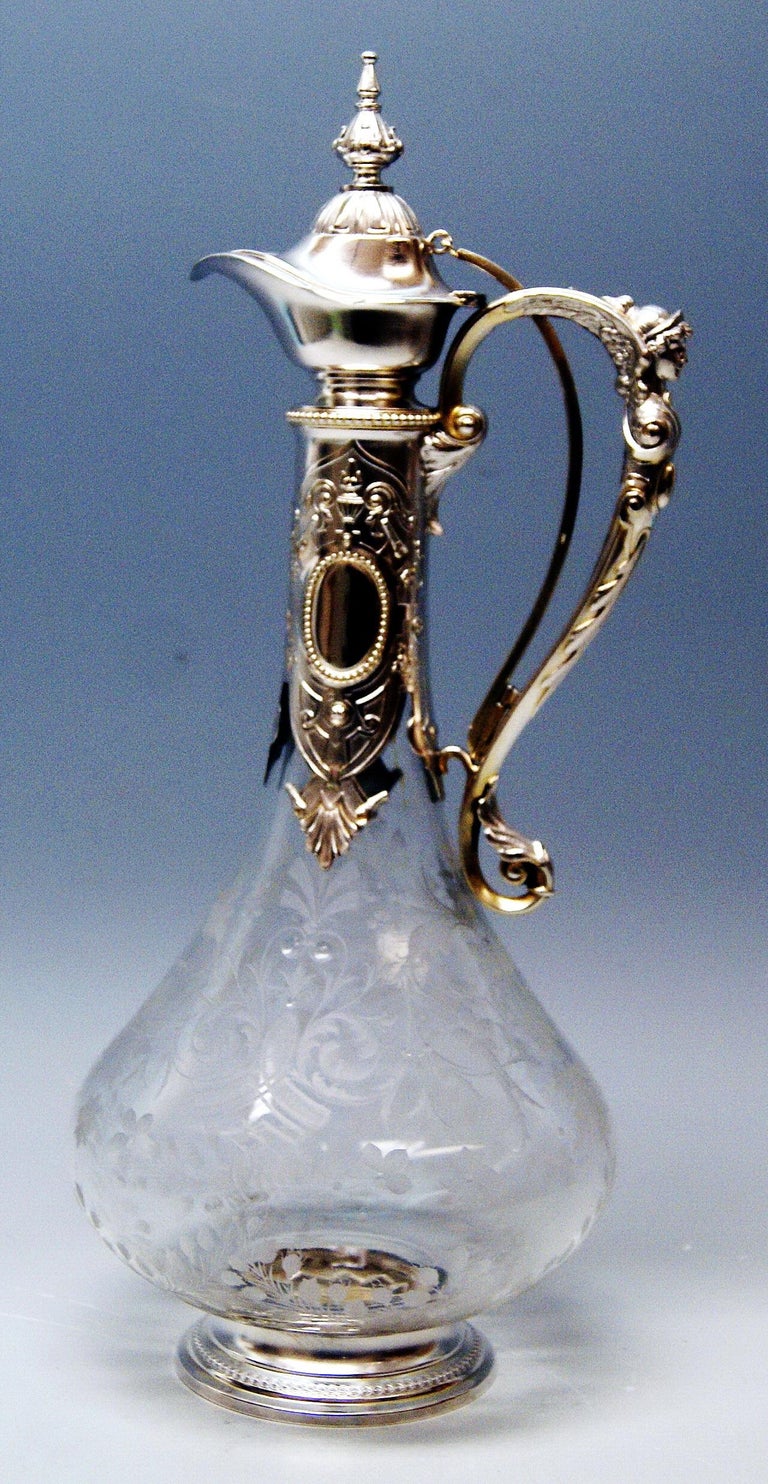 Silver 800 Historicism Glass Decanter Wine Carafe, Austria Made circa