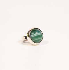 Silver 830 and Green Agate with White Stripes Fashion Ring