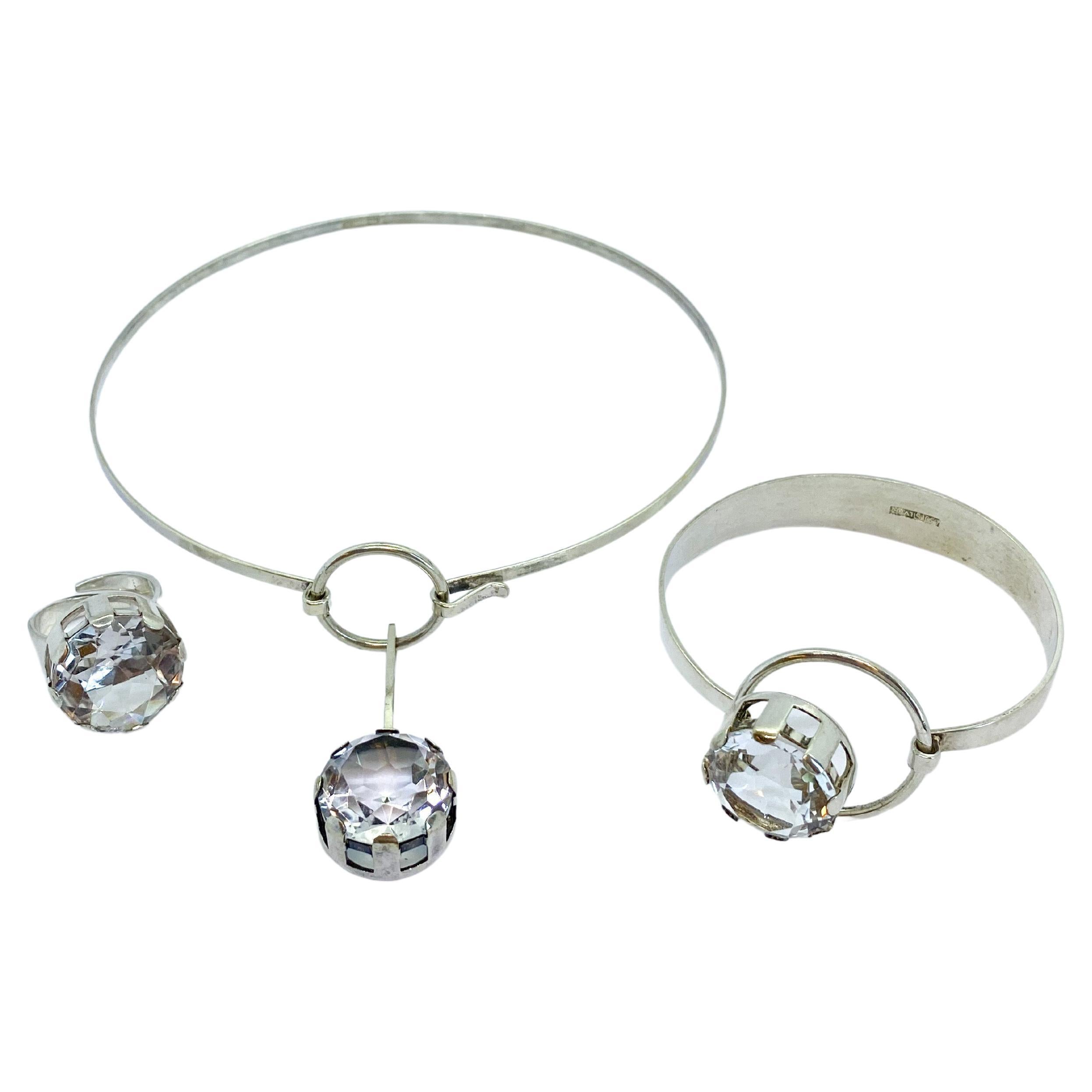 Silver 830 Set Necklace, Ring and Bracelet Finland Rock Crystal