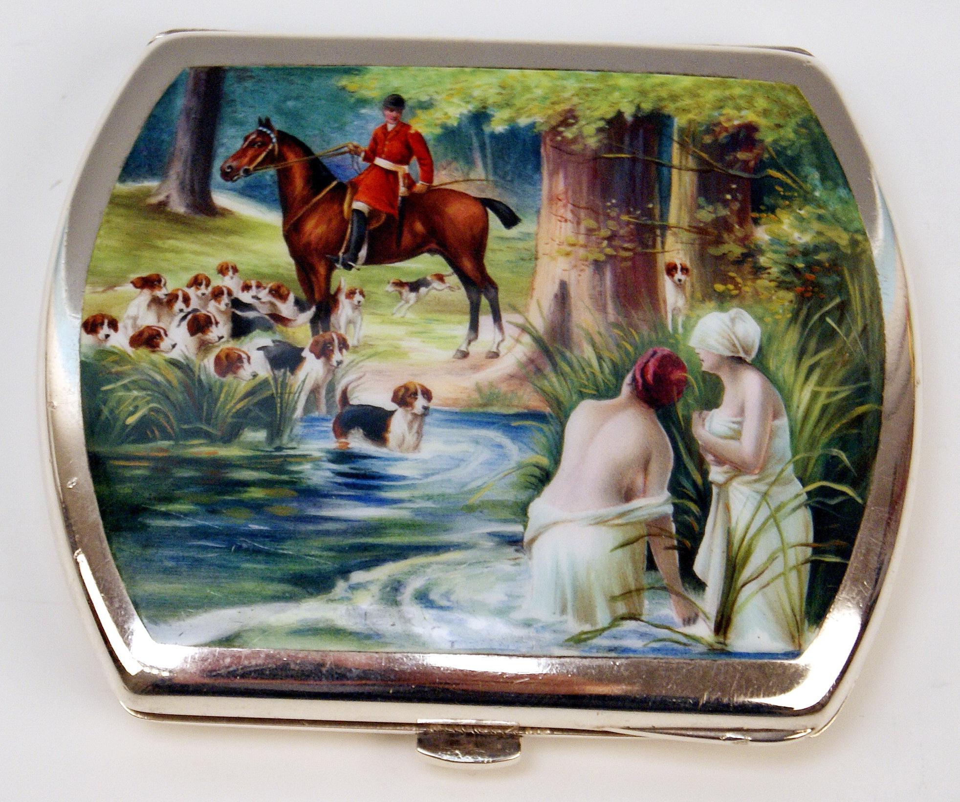 Stunning silver 835 cigarette box / case with enamel painting covering lid:
View of bathing ladies who are observed by huntsman on horseback.

The lid is decorated with a most interesting enamel picture as mentioned above:
There is a pond