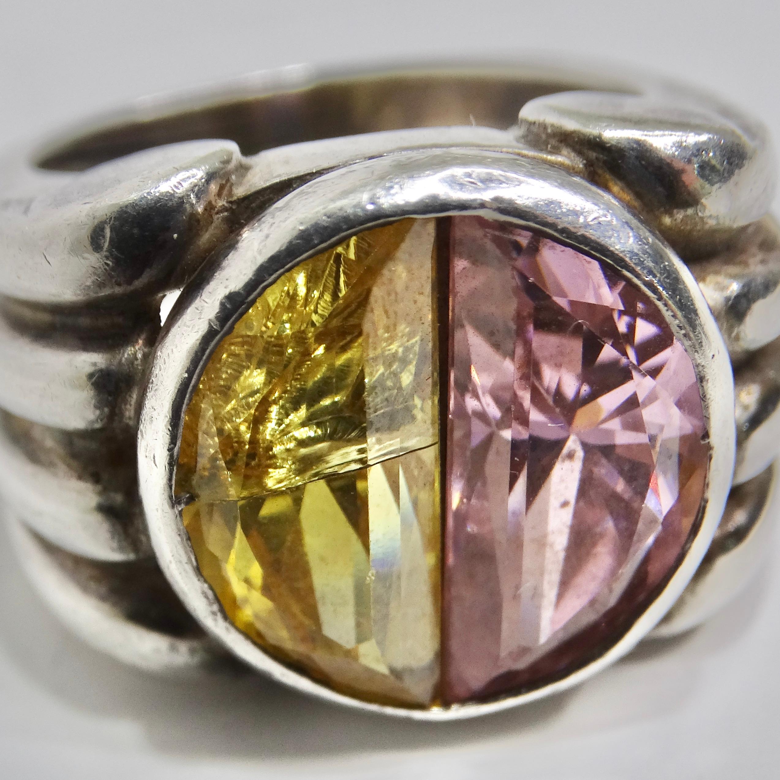 Silver 925 Pink and Yellow Quartz Ring Circa 1960 In Good Condition For Sale In Scottsdale, AZ