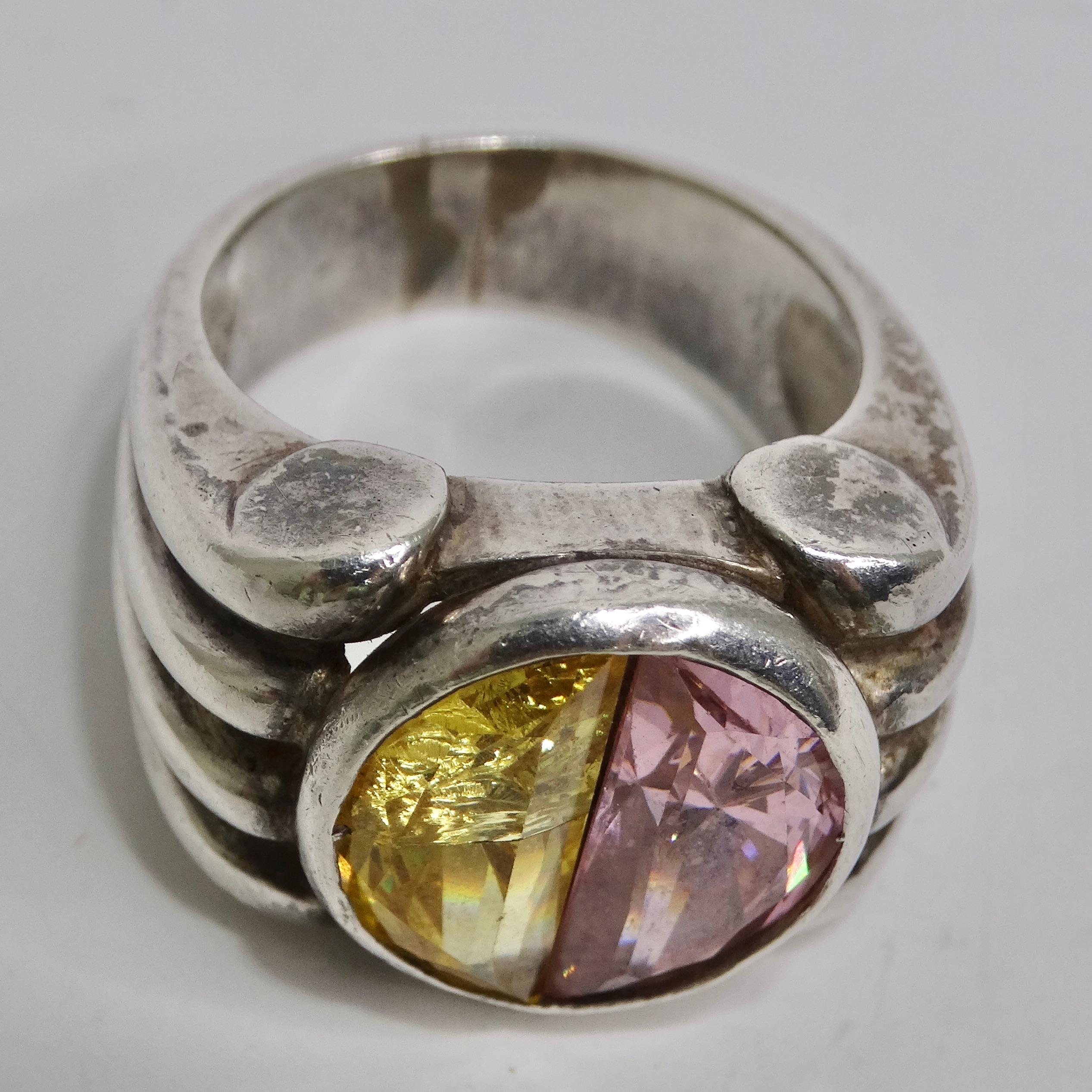 Women's or Men's Silver 925 Pink and Yellow Quartz Ring Circa 1960 For Sale