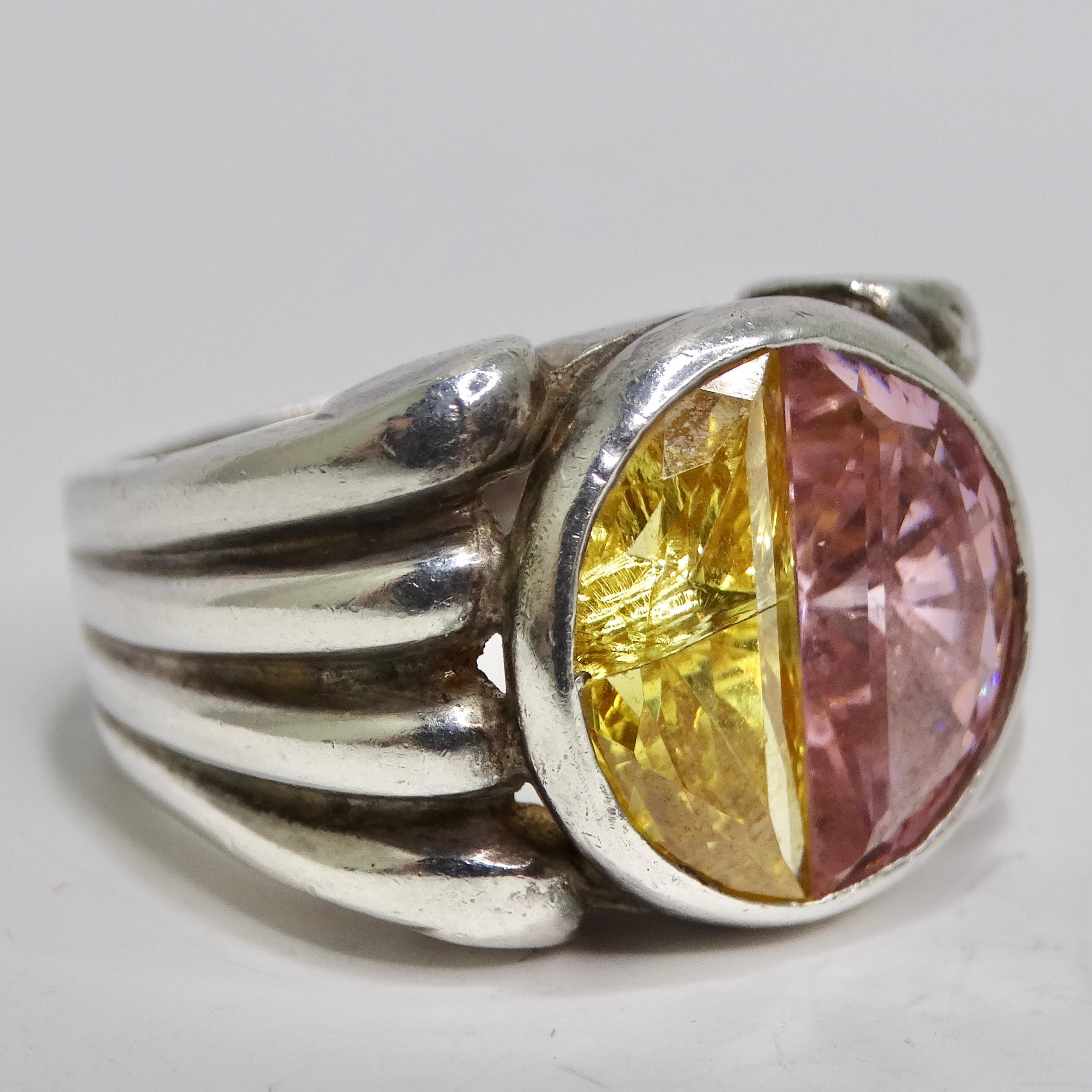 Silver 925 Pink and Yellow Quartz Ring Circa 1960 For Sale 1