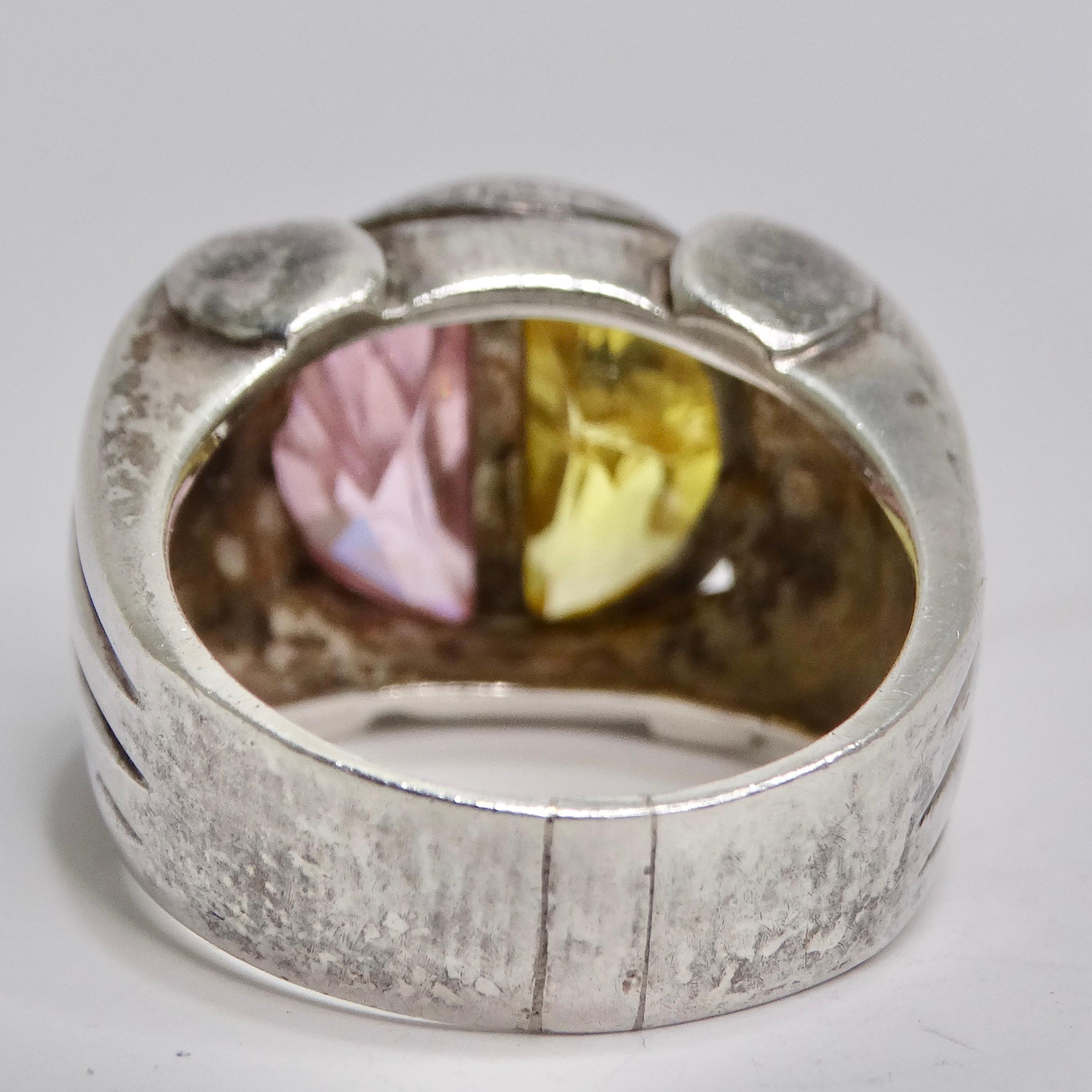 Silver 925 Pink and Yellow Quartz Ring Circa 1960 For Sale 3