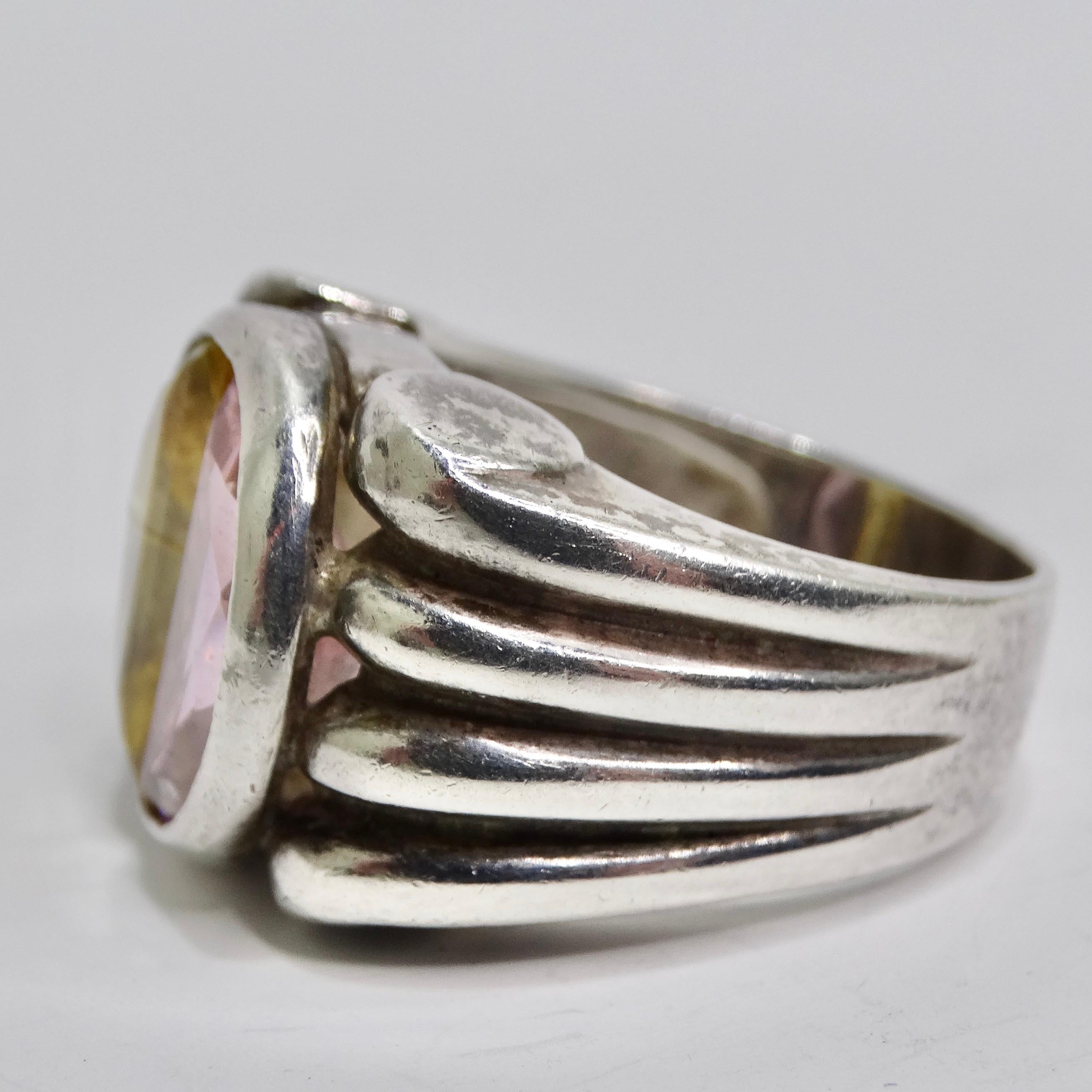 Silver 925 Pink and Yellow Quartz Ring Circa 1960 For Sale 4