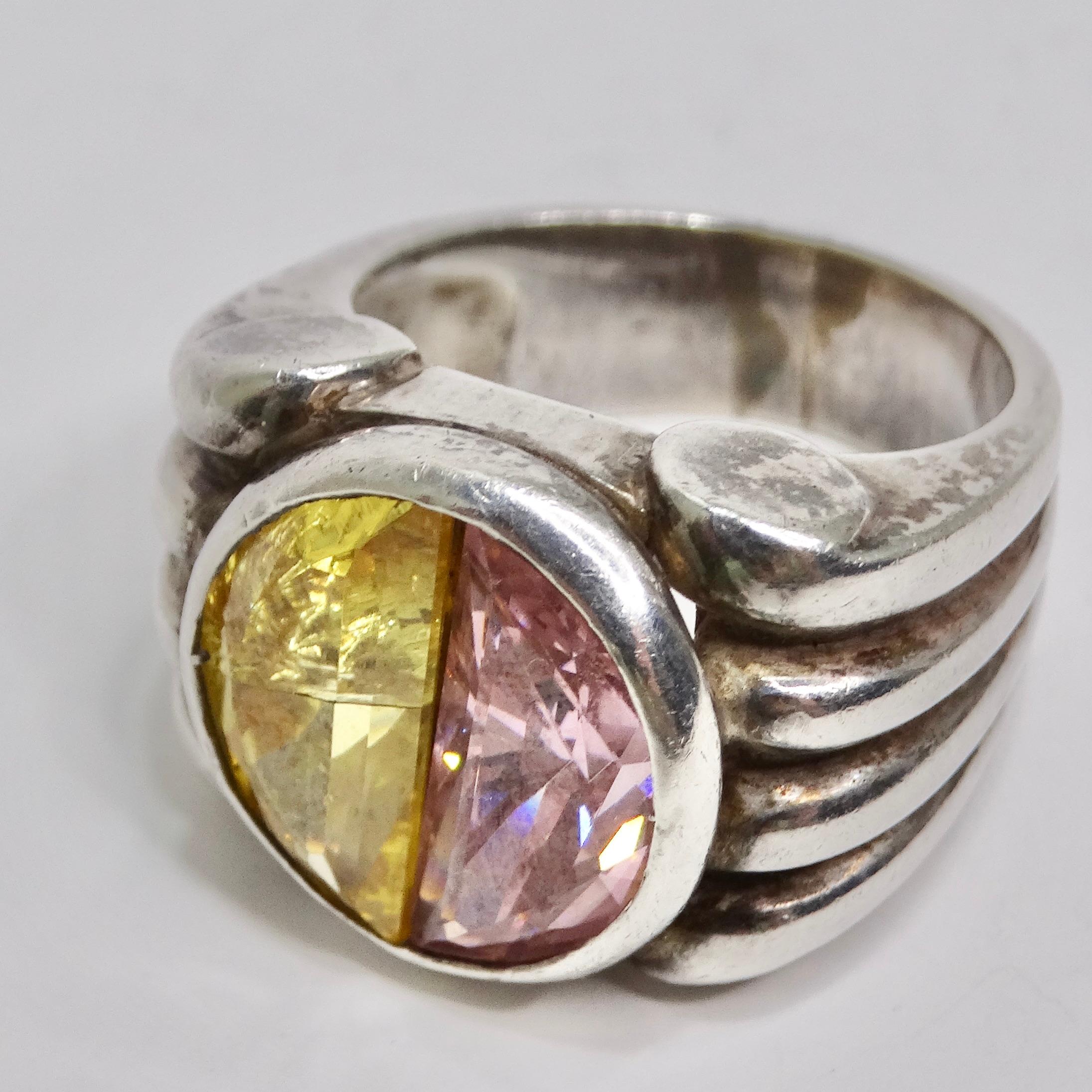 Silver 925 Pink and Yellow Quartz Ring Circa 1960 For Sale 5