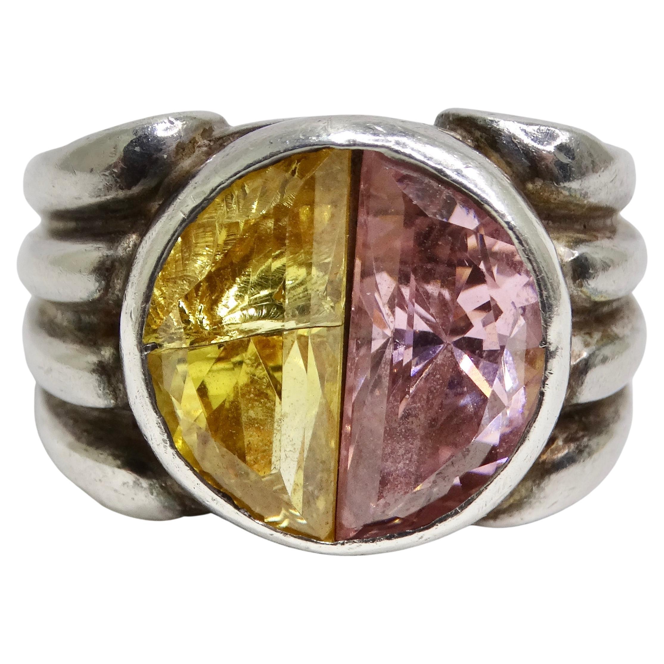 Silver 925 Pink and Yellow Quartz Ring Circa 1960 For Sale