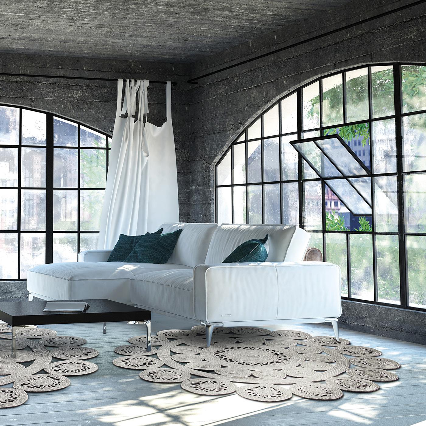 A modern rug handmade in nautical rope, the Alyssa 2B features a juxtaposition of solid and perforated shapes that turn into a lace pattern when laid on the floor. In silver, the rug is a contemporary twist on timeless styles, perfect for both
