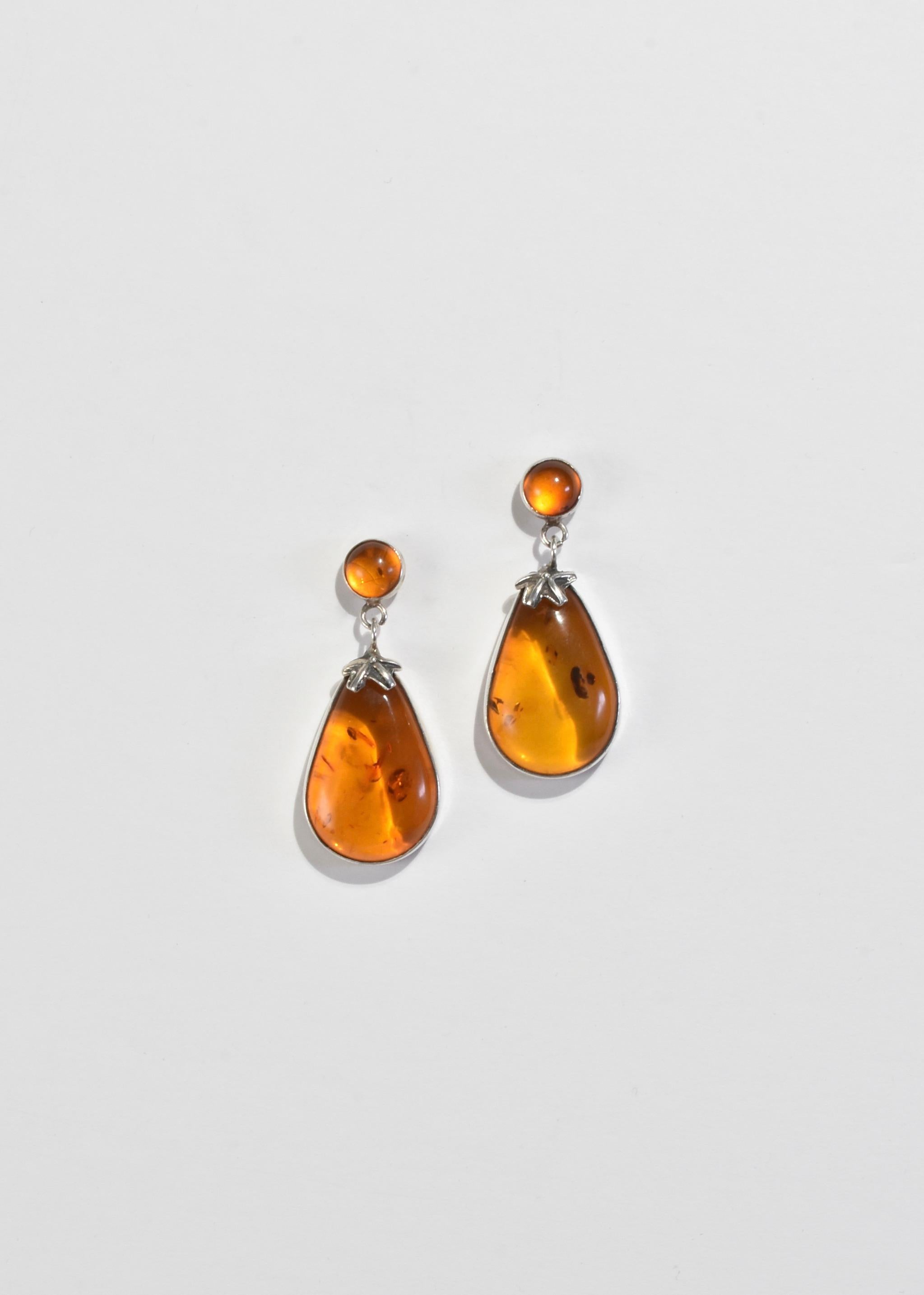 Cabochon Silver Amber Earrings For Sale