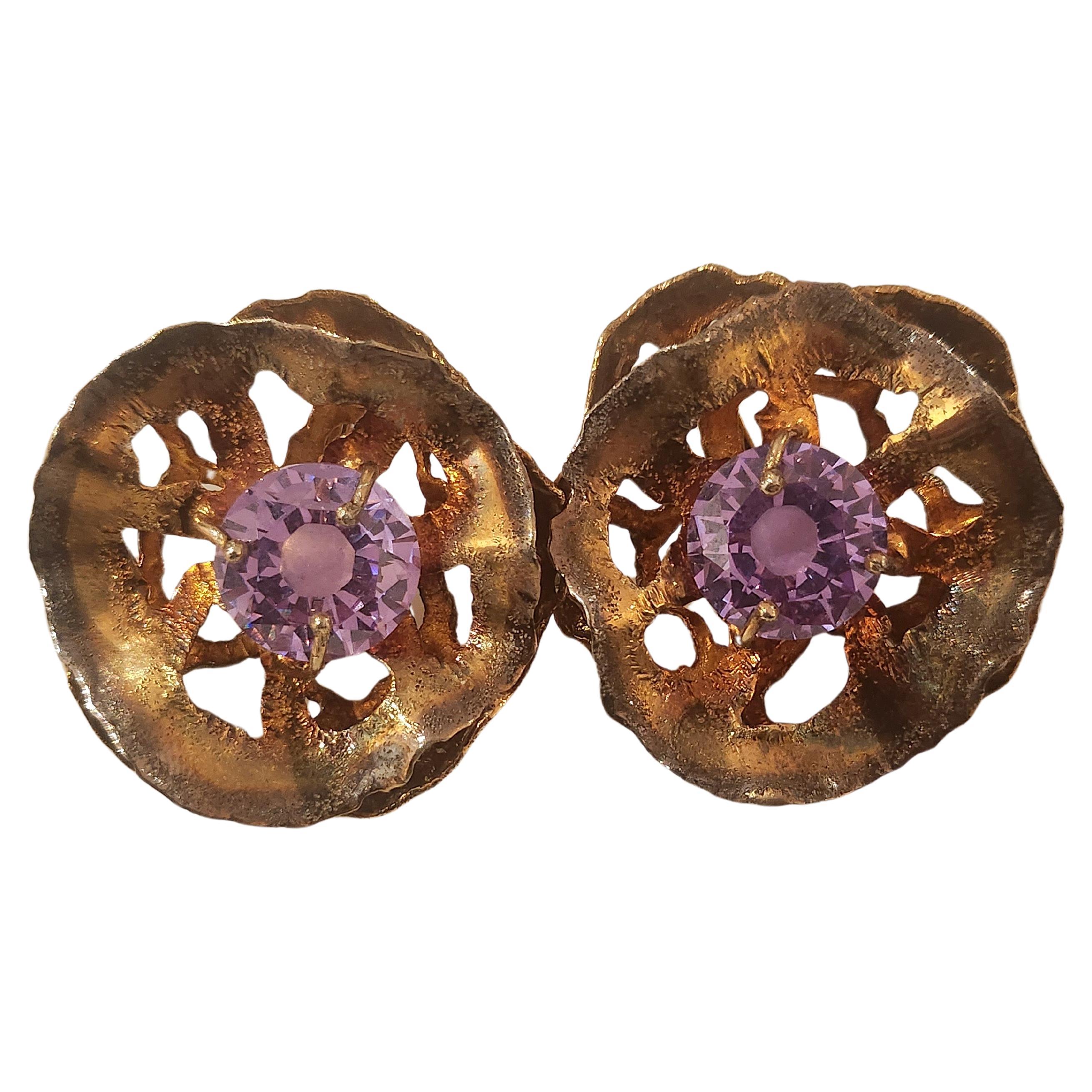 Silver large 925 gold plated with 750k gold finest hand made earrings centered with amethyst stones in floral desgne open work style with total weight of 16 grams