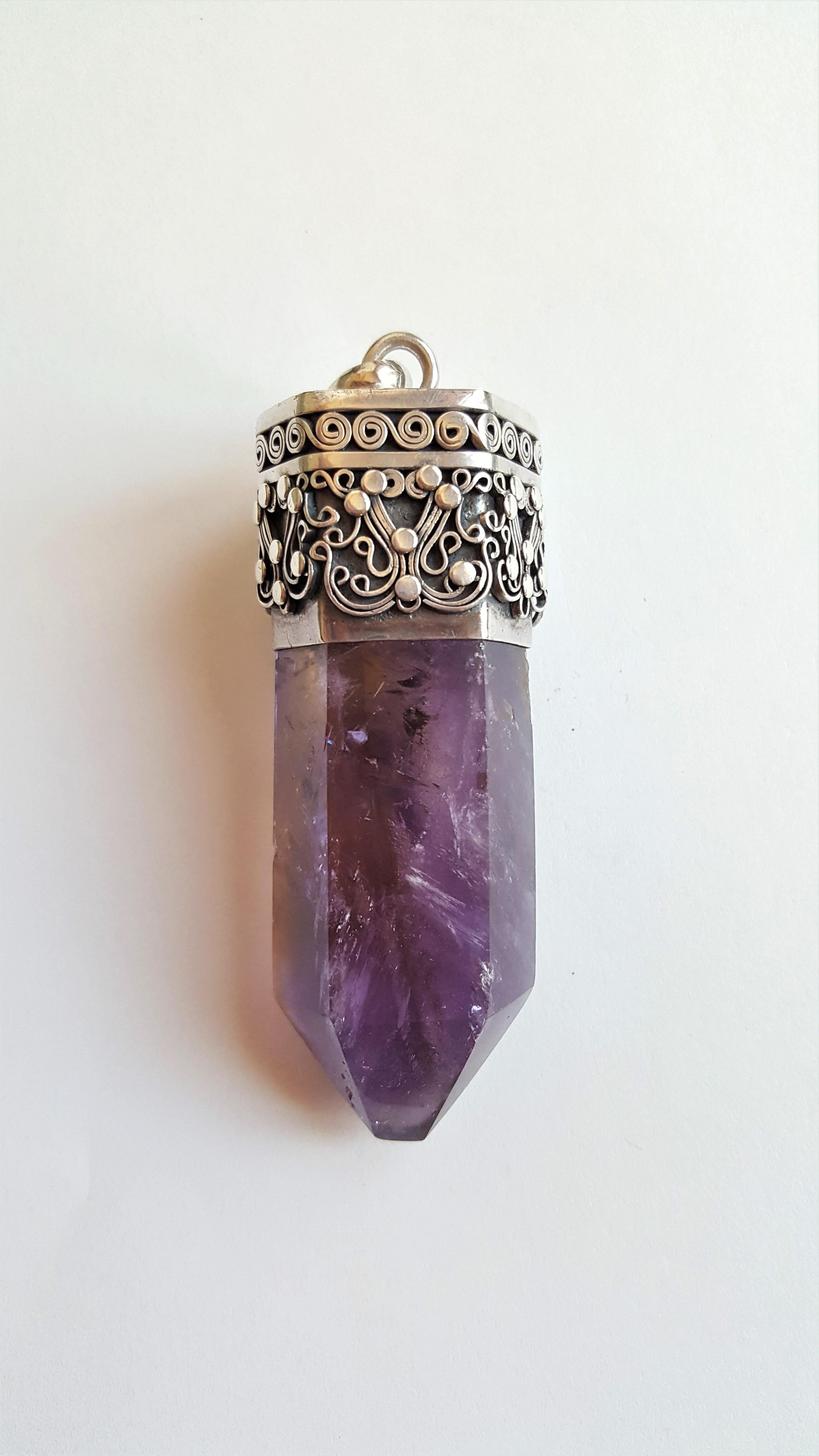 Bullet Cut Silver Amethyst Pendant, Rich Purple Intricate Hand Fabricated Design, XL Size For Sale