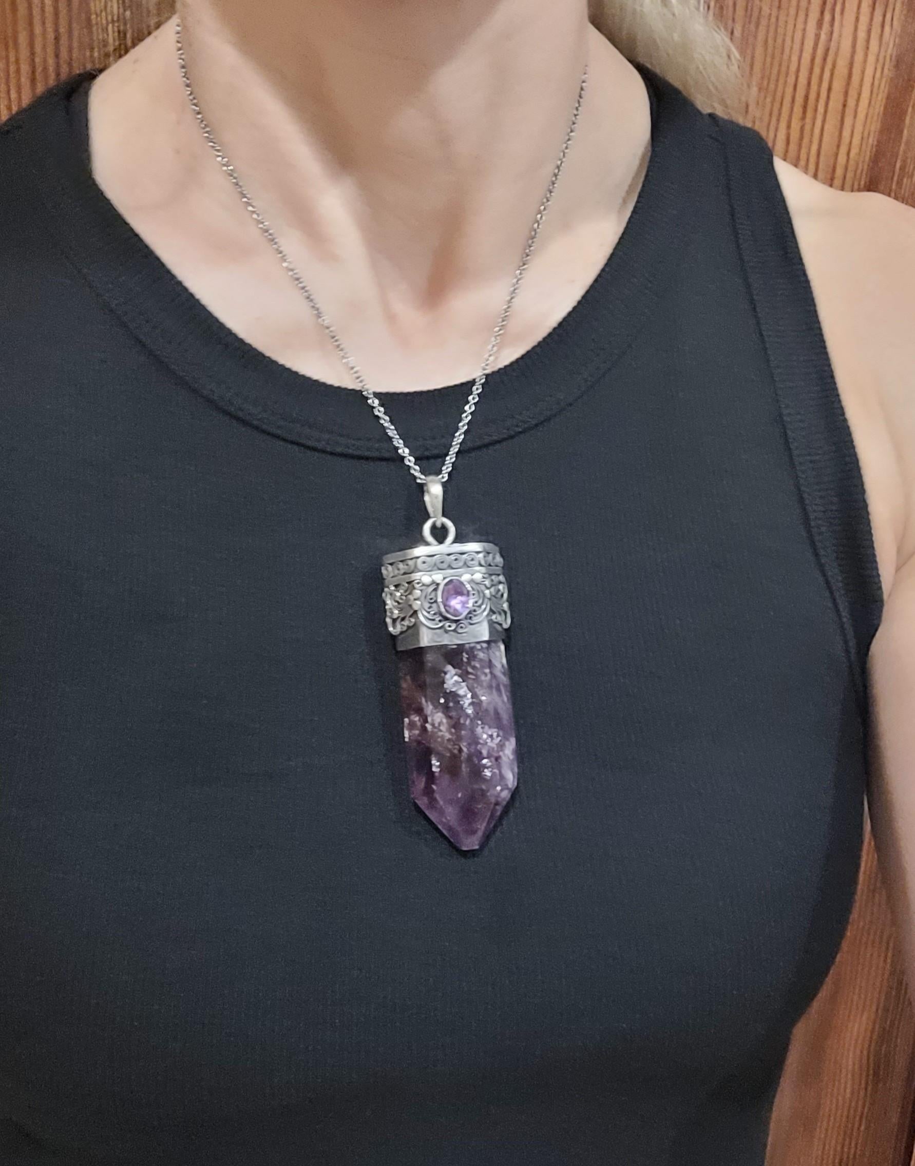 Women's or Men's Silver Amethyst Pendant, Rich Purple Intricate Hand Fabricated Design, XL Size For Sale